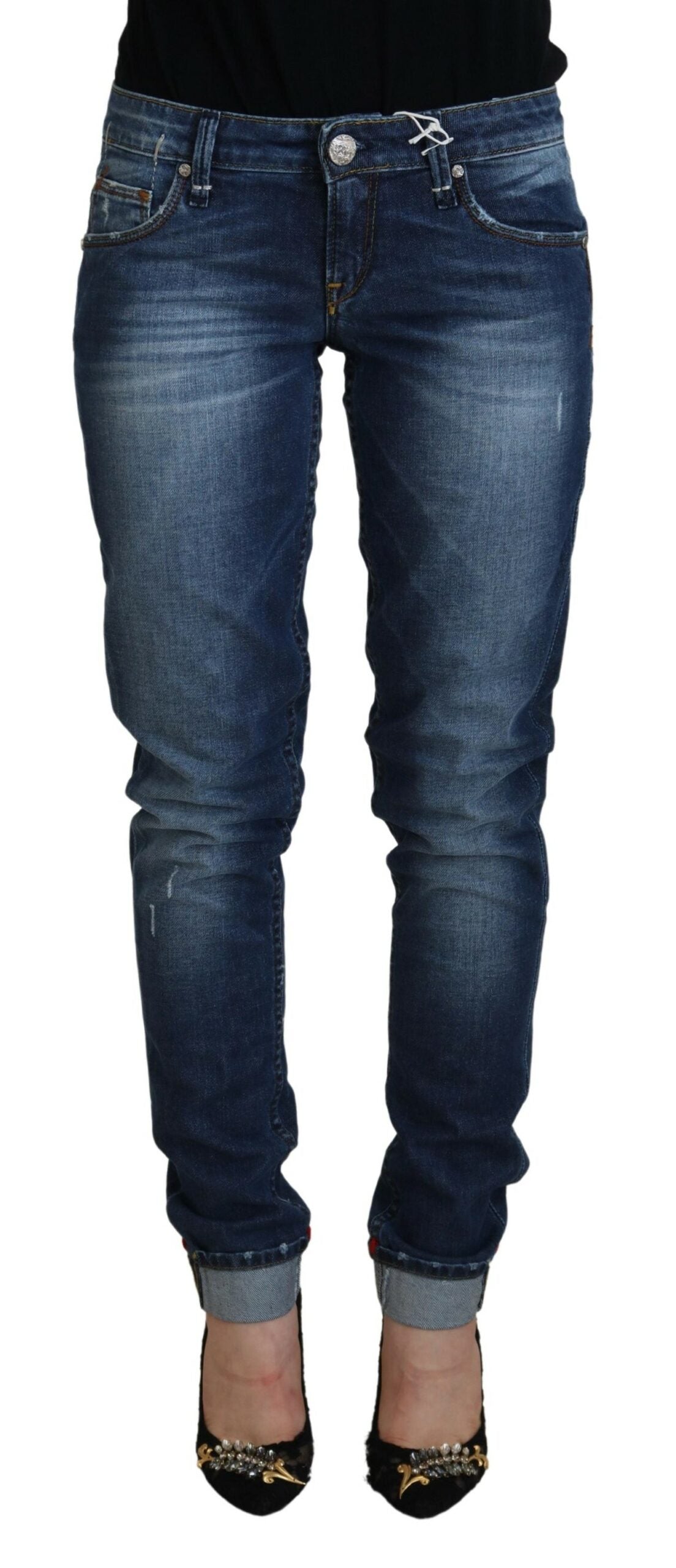 Elegant Blue Washed Low Waist Skinny Jeans - SEHABRANDS