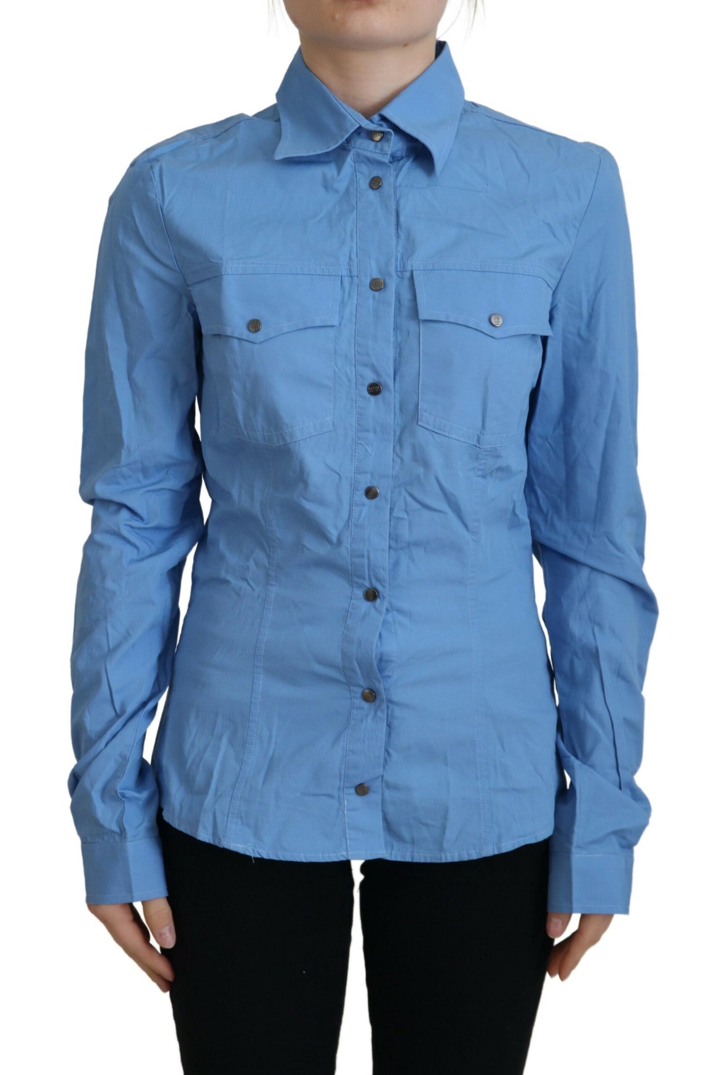 Elegant Blue Cotton Long Sleeve Polo Top - SEHABRANDS