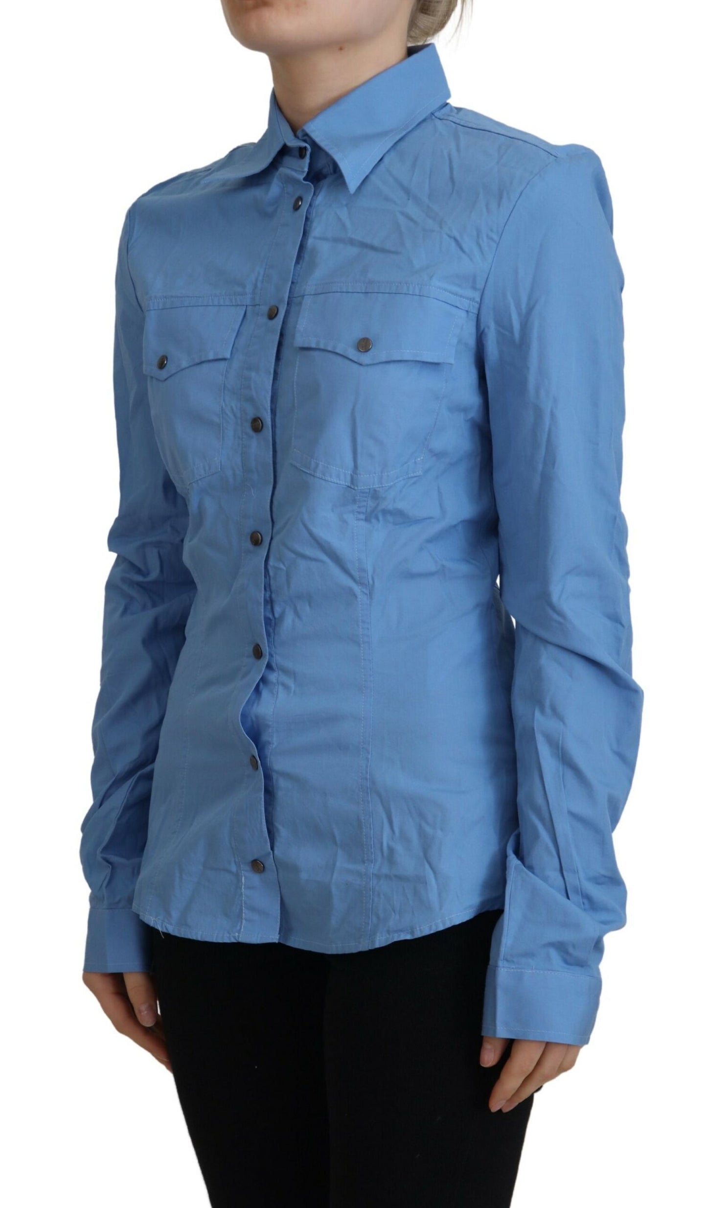 Elegant Blue Cotton Long Sleeve Polo Top - SEHABRANDS