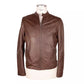 Elegant Brown Leather Jacket with Snap Collar - SEHABRANDS