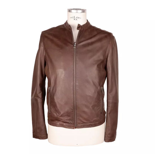 Elegant Brown Leather Jacket with Snap Collar - SEHABRANDS