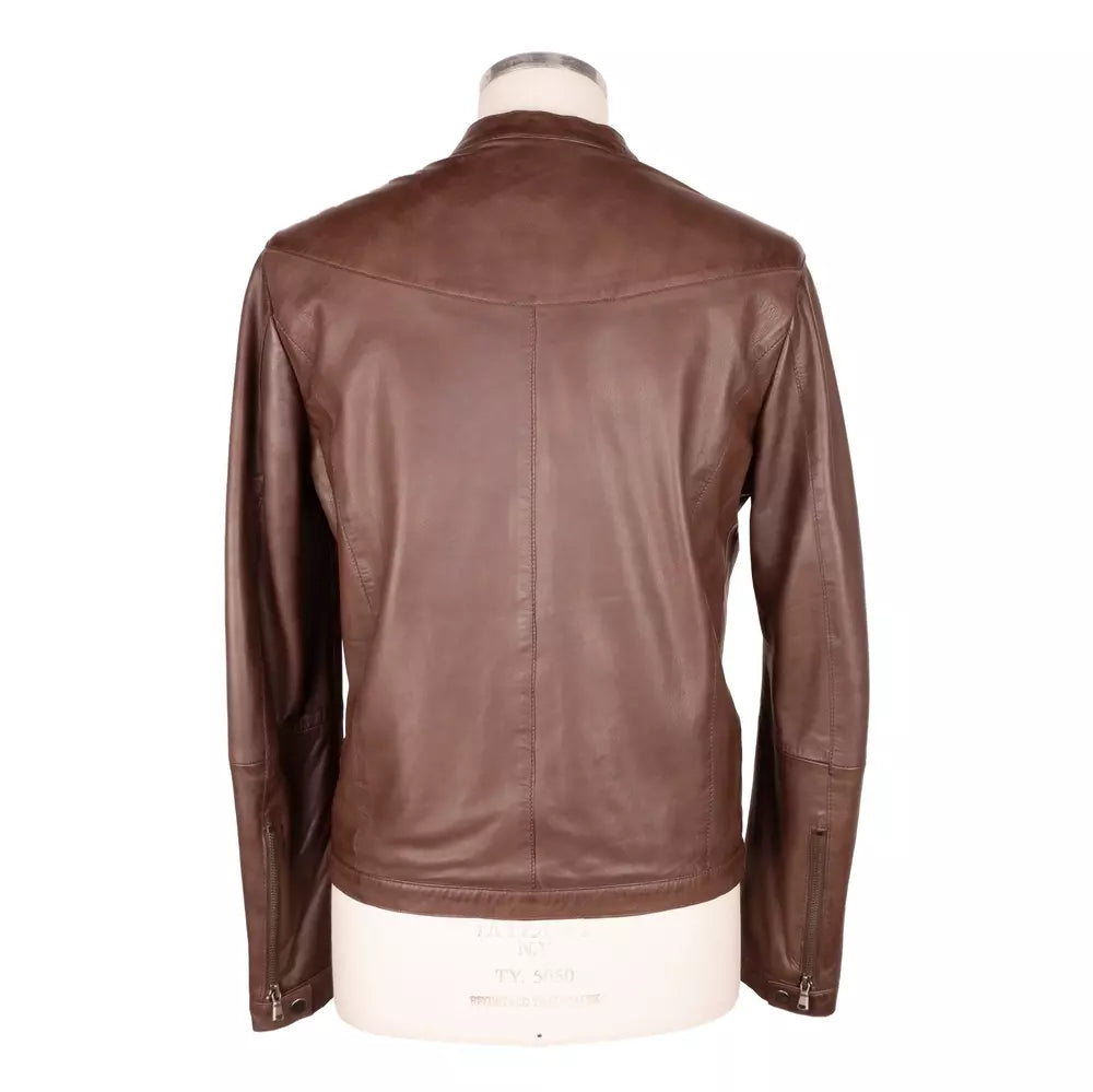 Elegant Brown Leather Jacket with Snap Collar - SEHABRANDS