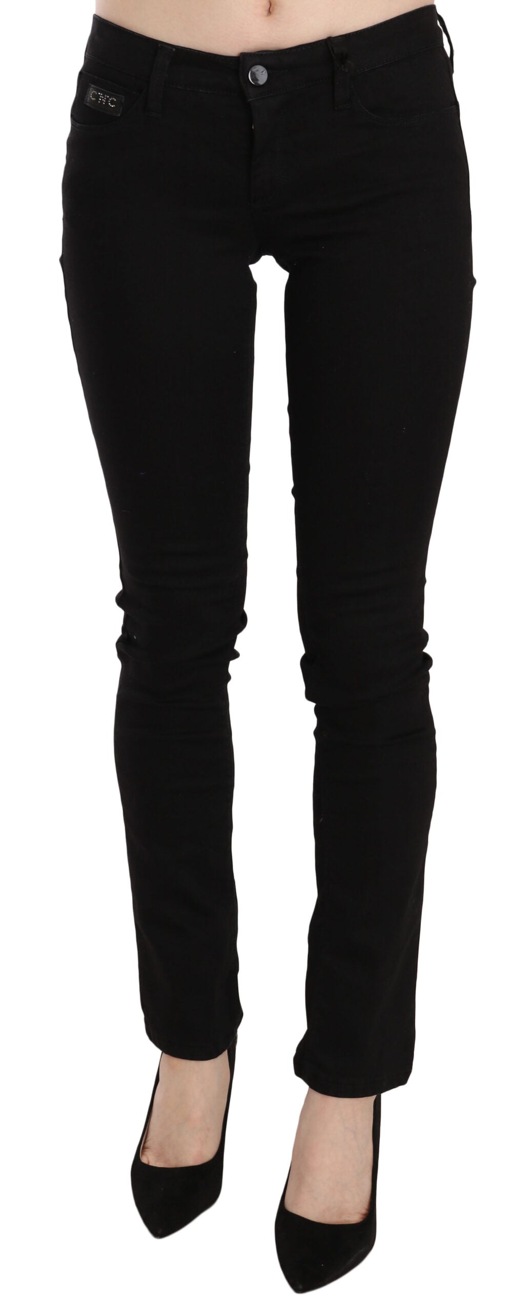 Elegant Black Mid Waist Slim Fit Jeans - SEHABRANDS