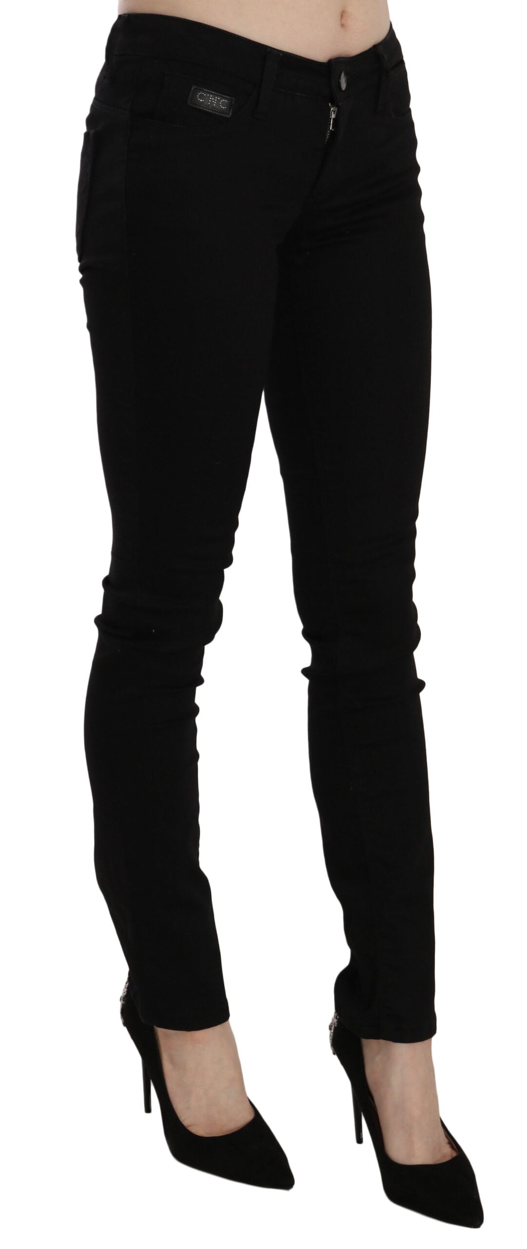 Elegant Black Mid Waist Slim Fit Jeans - SEHABRANDS