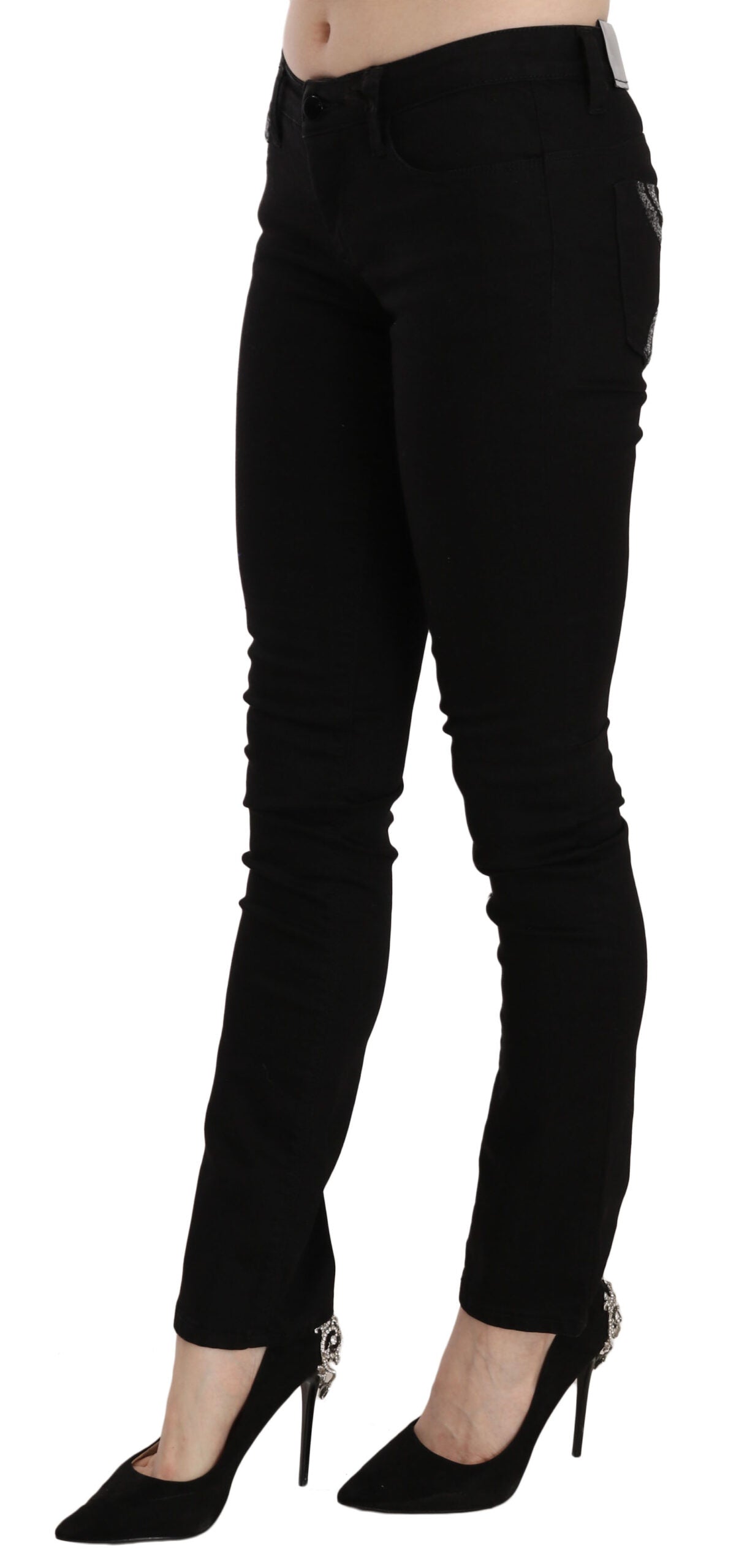 Elegant Black Mid Waist Slim Fit Jeans - SEHABRANDS