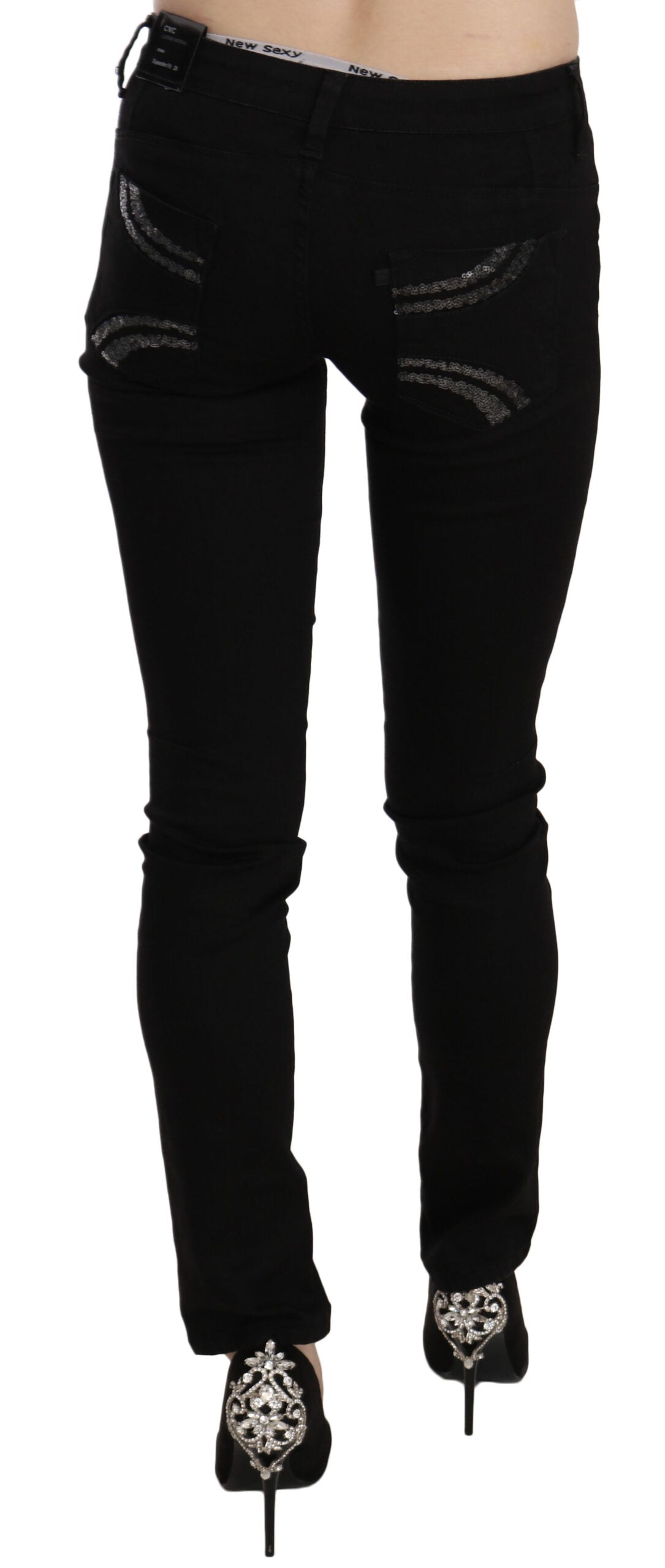 Elegant Black Mid Waist Slim Fit Jeans - SEHABRANDS