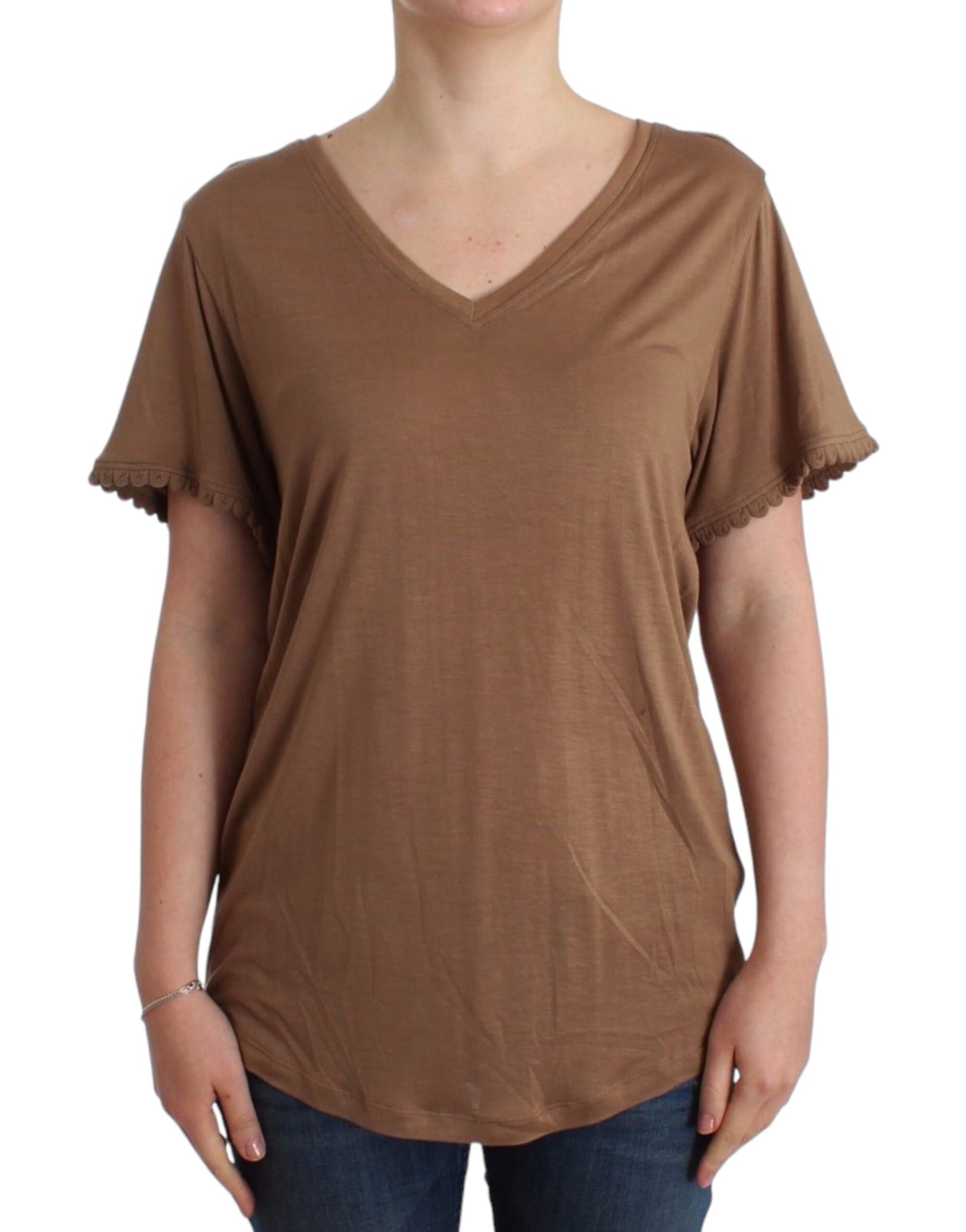 Elegant Short-Sleeved Brown Rayon Top - SEHABRANDS