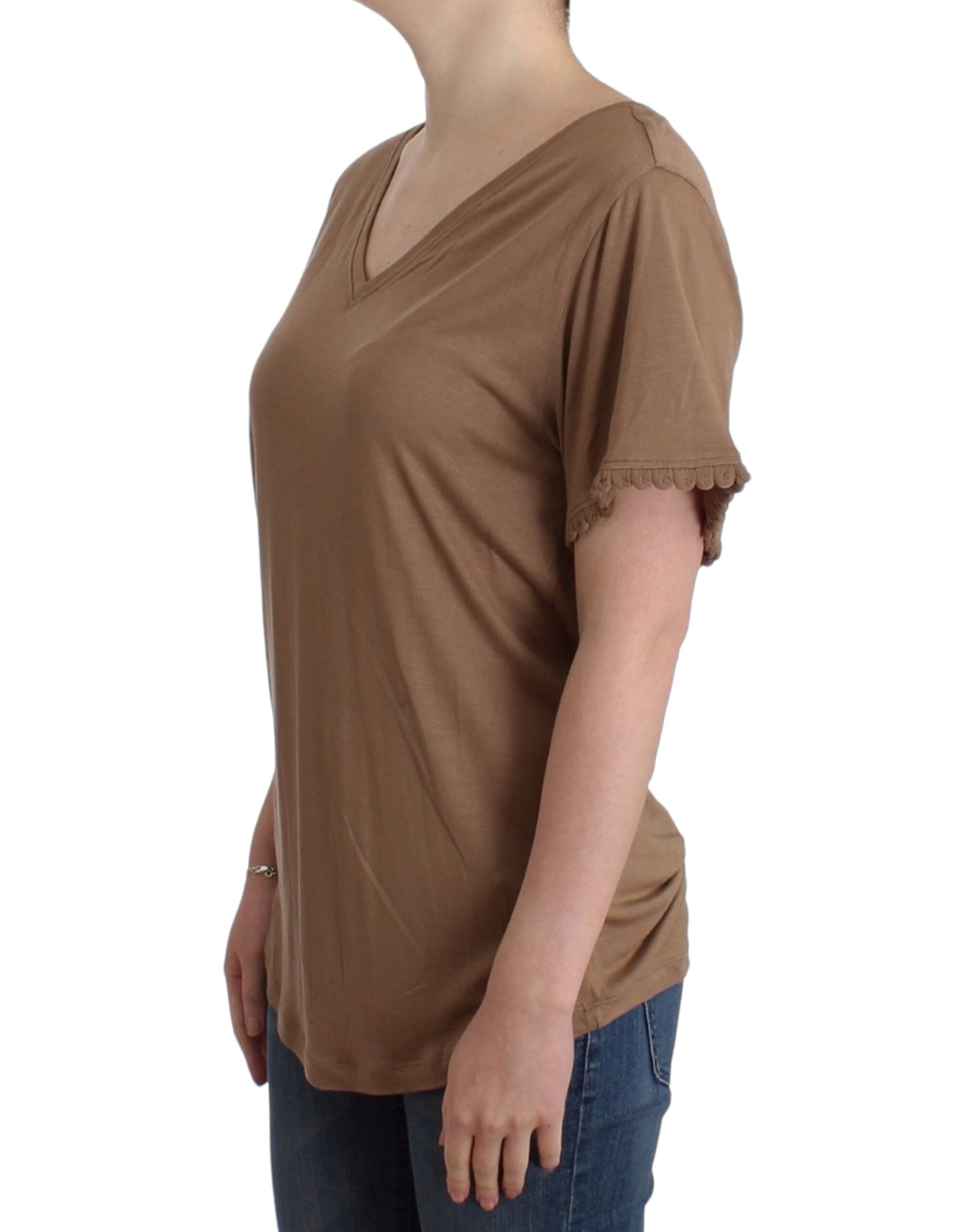 Elegant Short-Sleeved Brown Rayon Top - SEHABRANDS