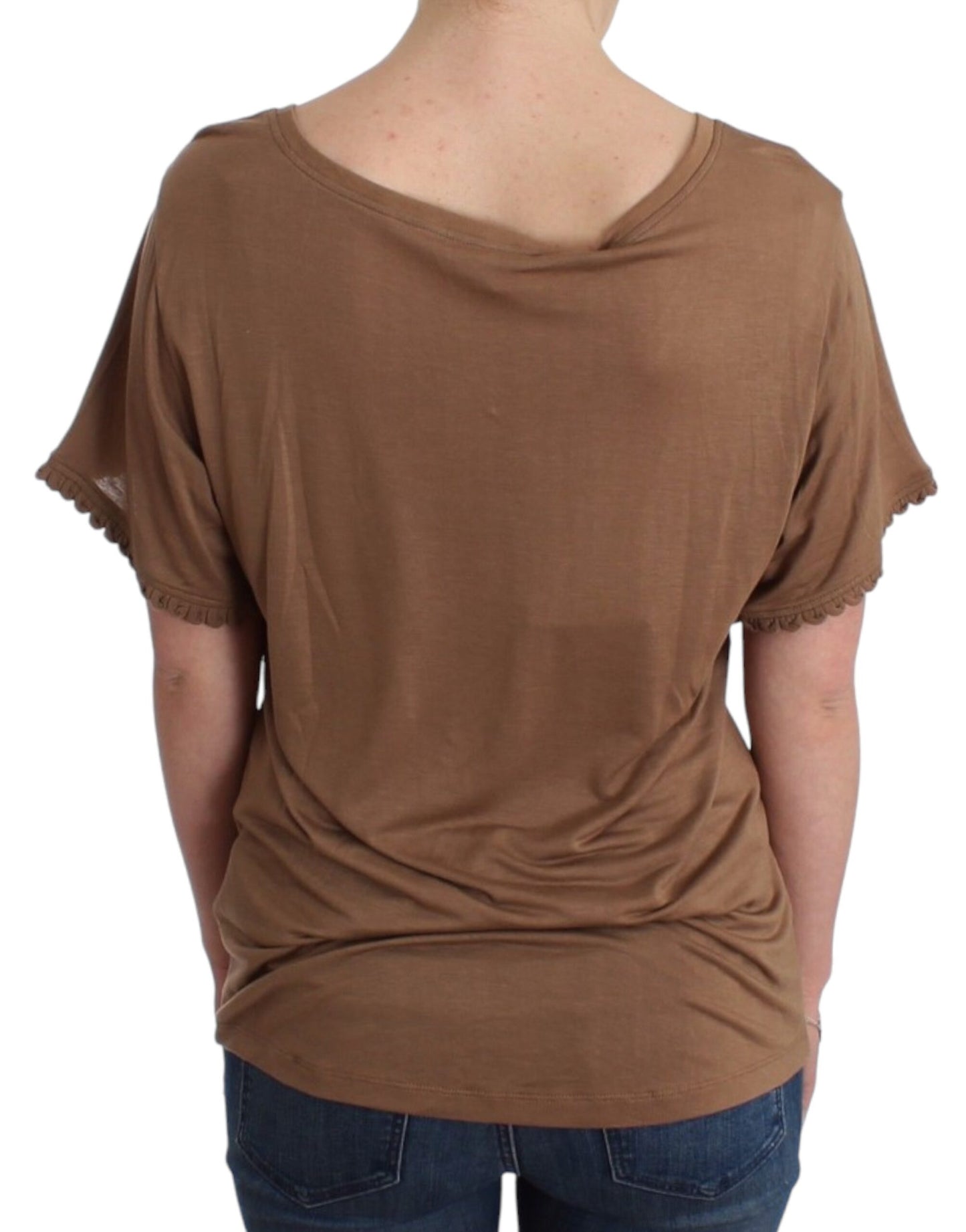 Elegant Short-Sleeved Brown Rayon Top - SEHABRANDS