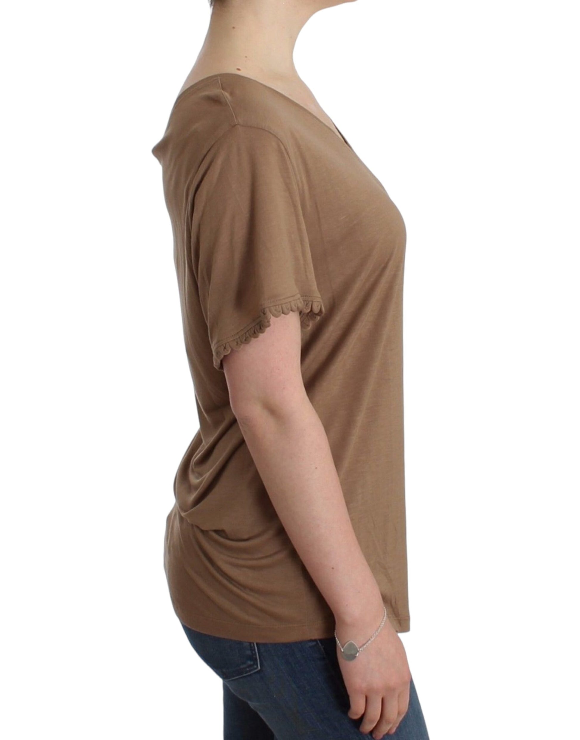 Elegant Short-Sleeved Brown Rayon Top - SEHABRANDS