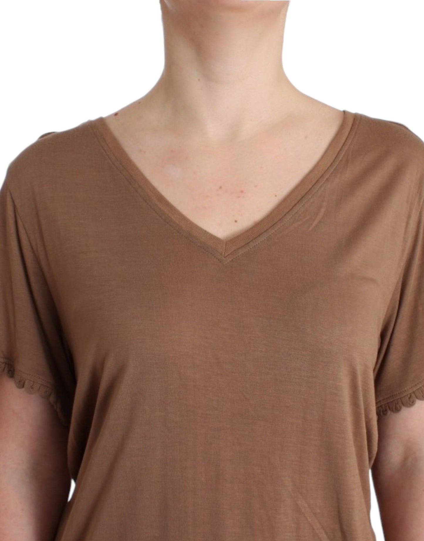 Elegant Short-Sleeved Brown Rayon Top - SEHABRANDS