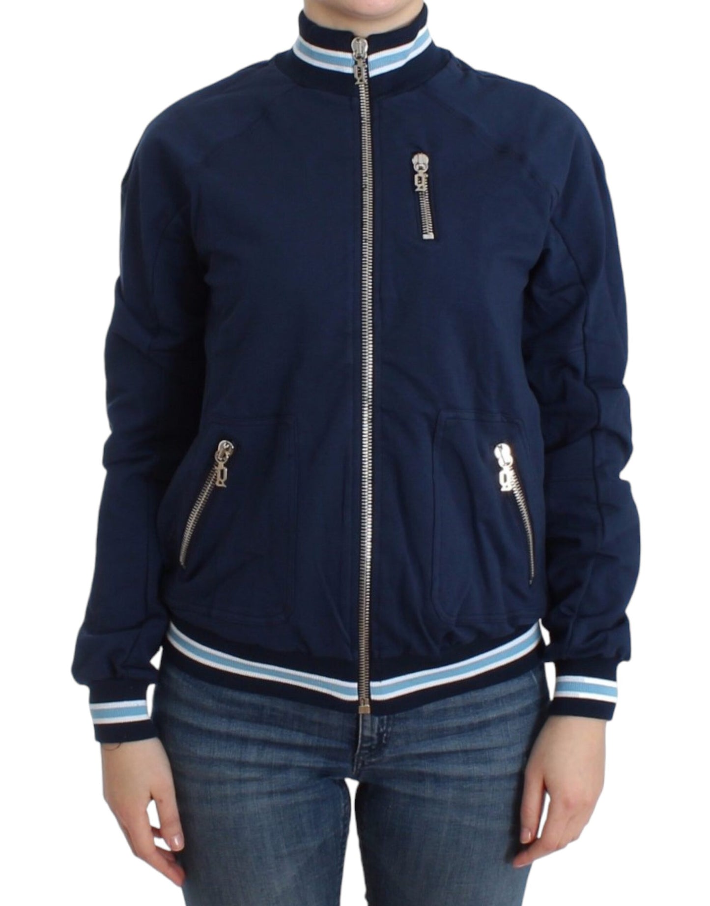 Chic Blue Zip Cardigan with Logo Detail - SEHABRANDS