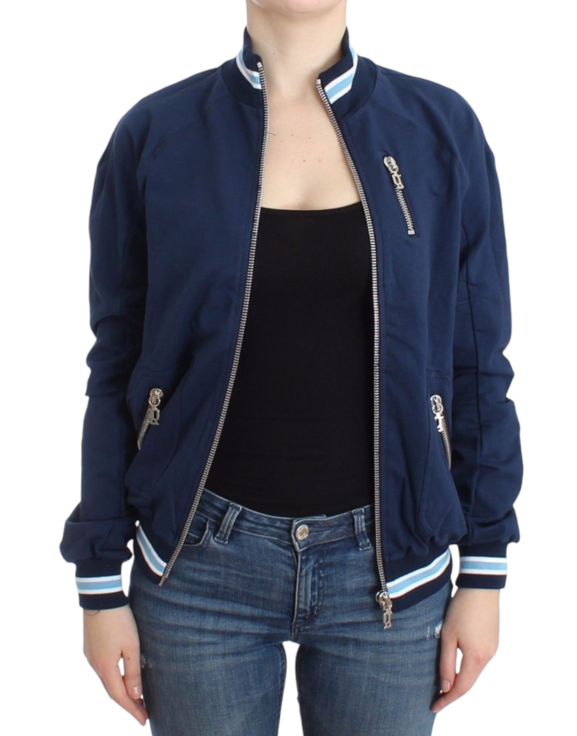 Chic Blue Zip Cardigan with Logo Detail - SEHABRANDS