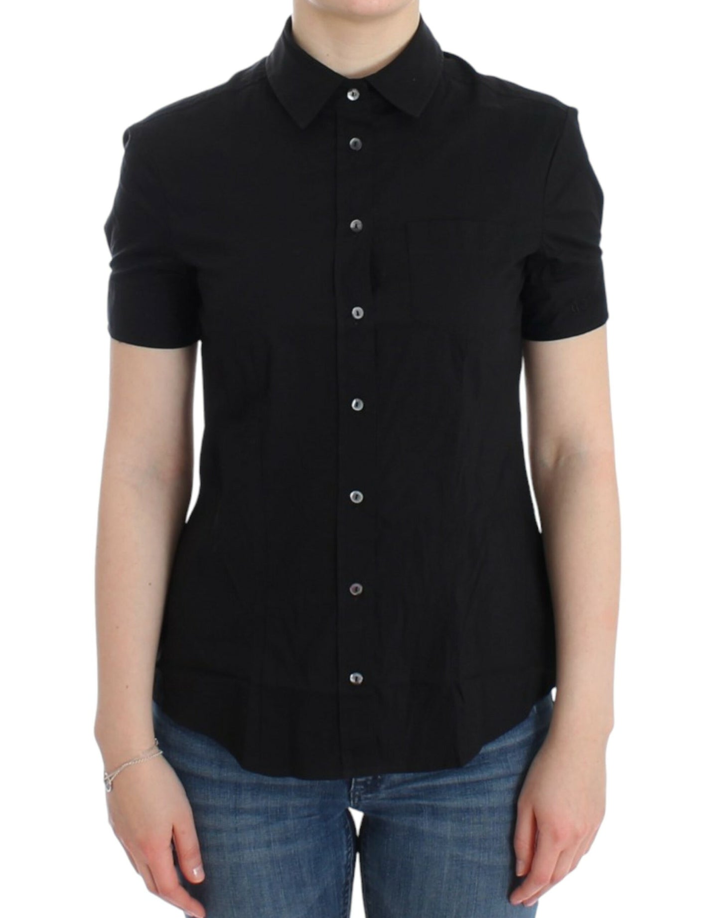 Elegant Black Cotton Stretch Shortsleeve Blouse - SEHABRANDS