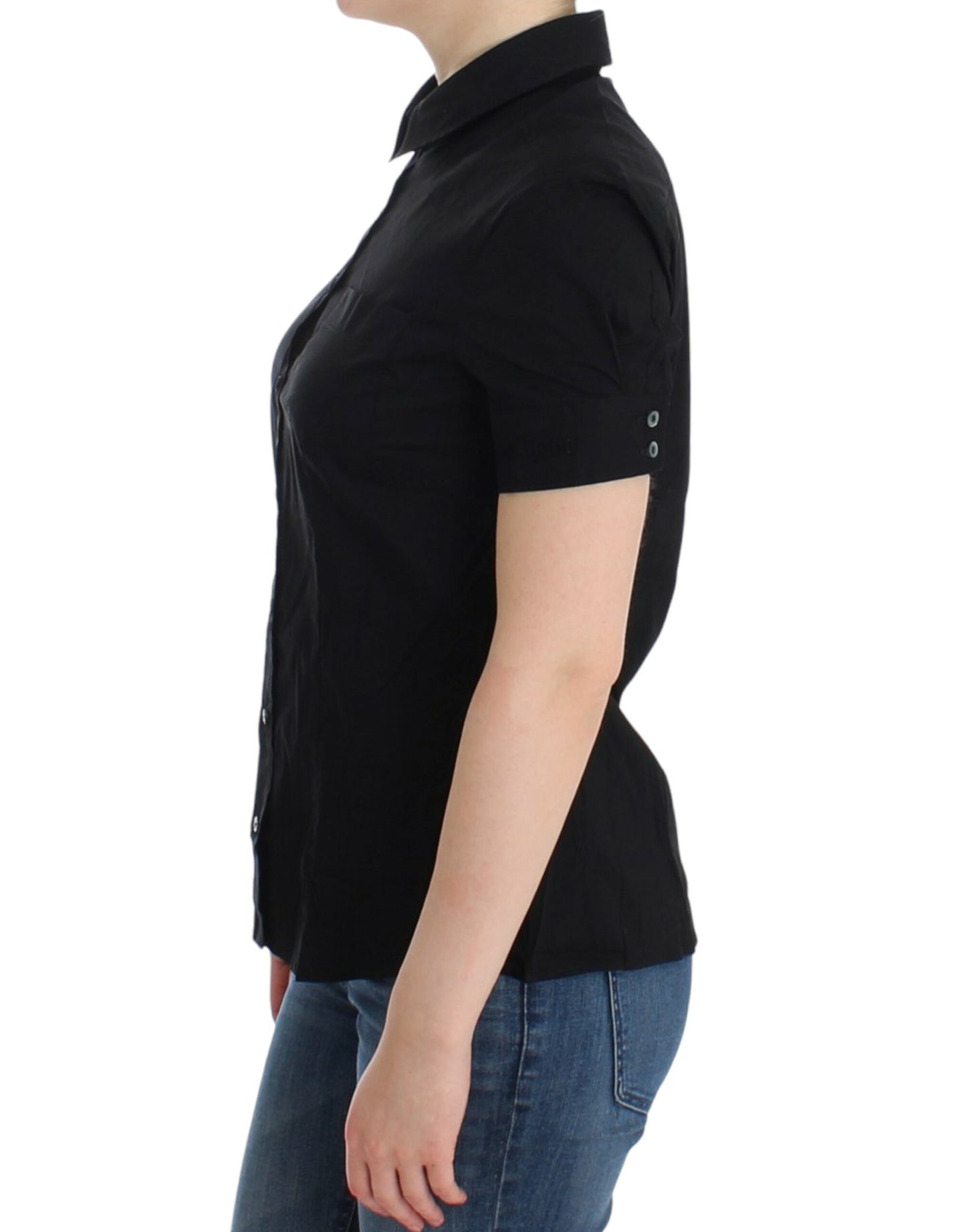 Elegant Black Cotton Stretch Shortsleeve Blouse - SEHABRANDS