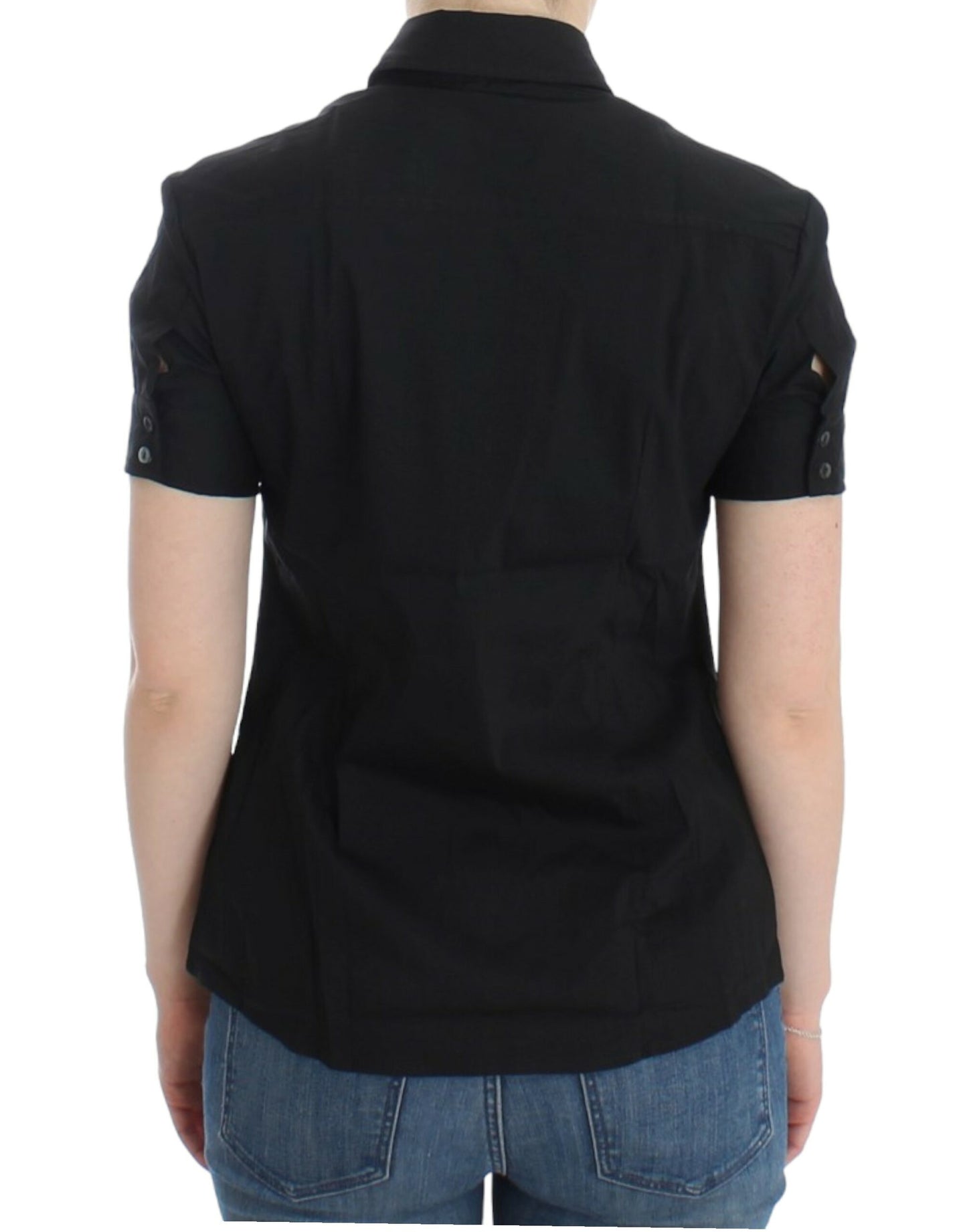 Elegant Black Cotton Stretch Shortsleeve Blouse - SEHABRANDS