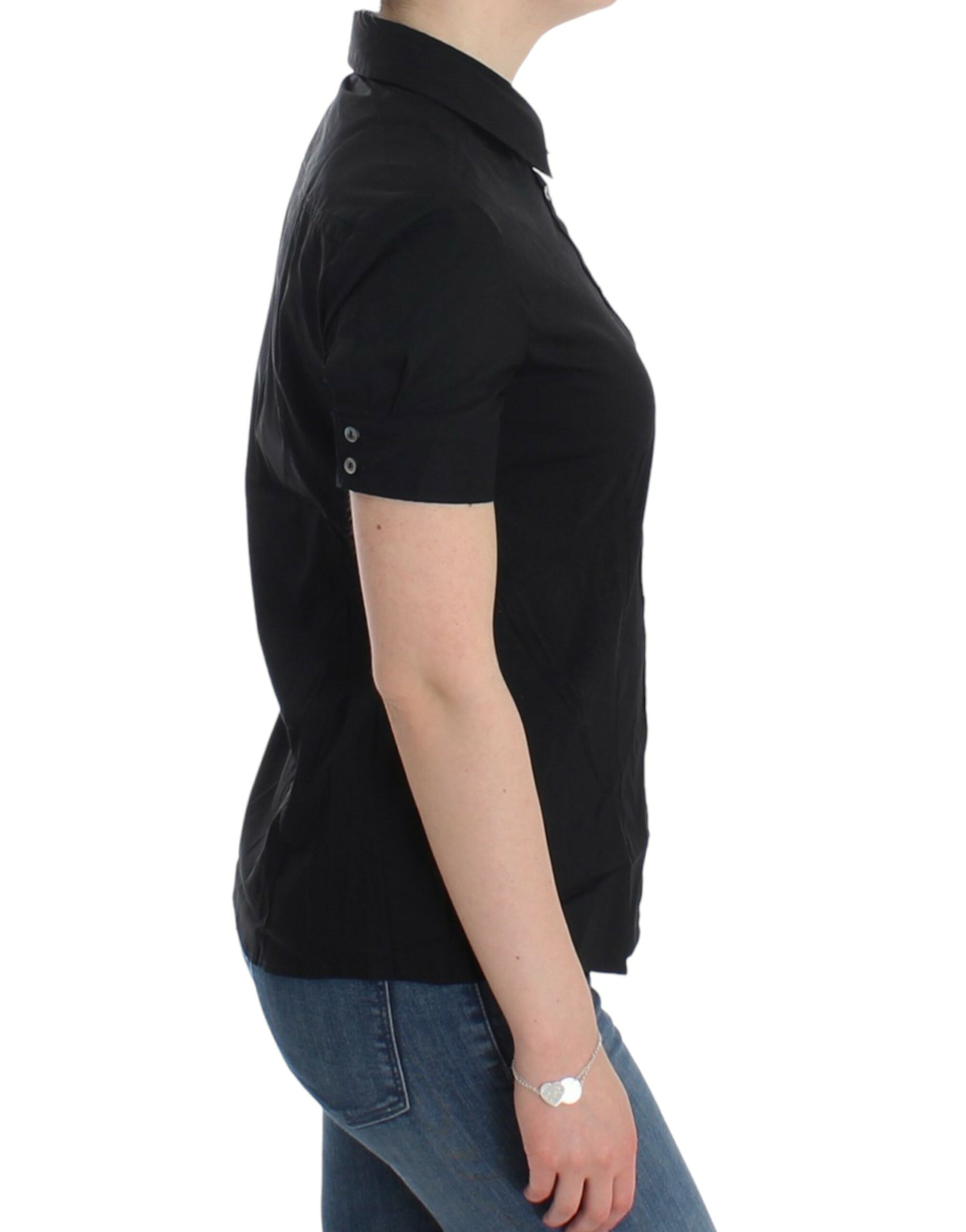 Elegant Black Cotton Stretch Shortsleeve Blouse - SEHABRANDS