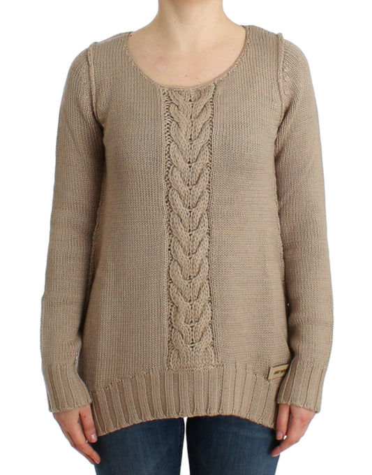 Elegant Beige Knitted Crew Neck Sweater - SEHABRANDS