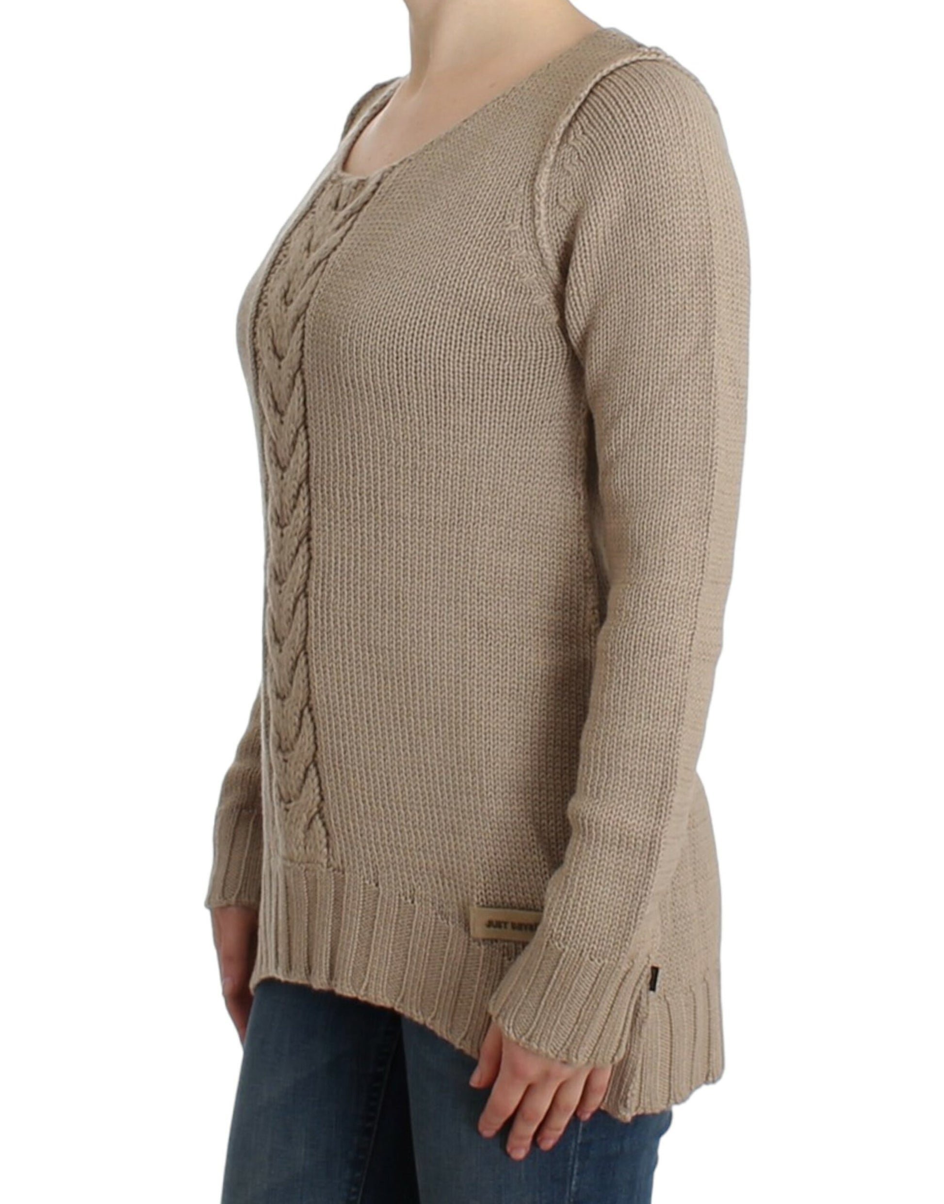 Elegant Beige Knitted Crew Neck Sweater - SEHABRANDS