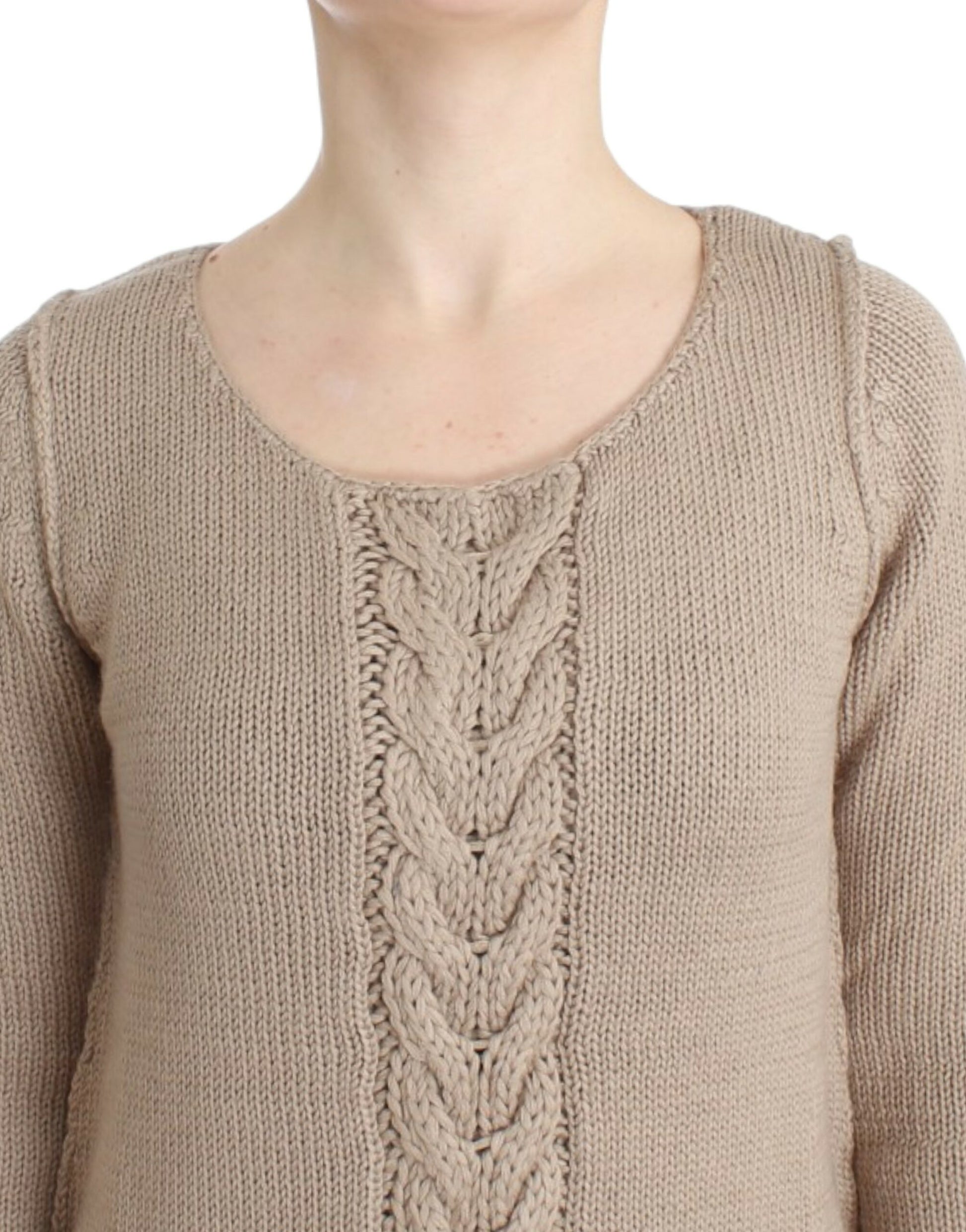 Elegant Beige Knitted Crew Neck Sweater - SEHABRANDS