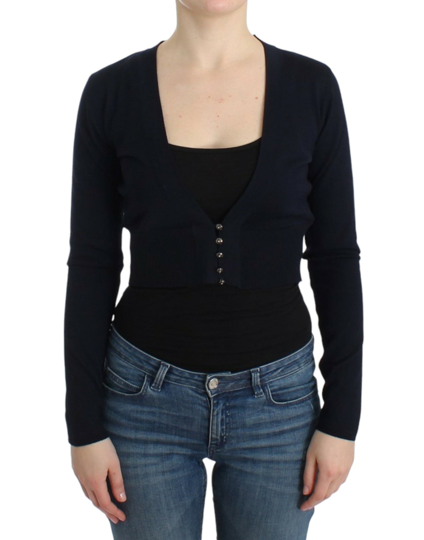 Elegant Black Cropped Virgin Wool Cardigan - SEHABRANDS