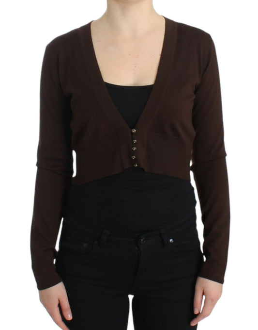 Elegant Brown Virgin Wool Cropped Cardigan - SEHABRANDS