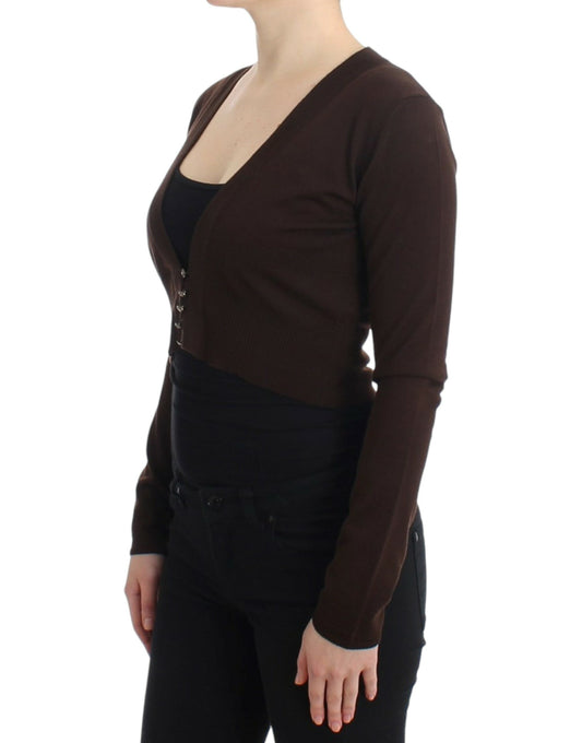 Elegant Brown Virgin Wool Cropped Cardigan - SEHABRANDS