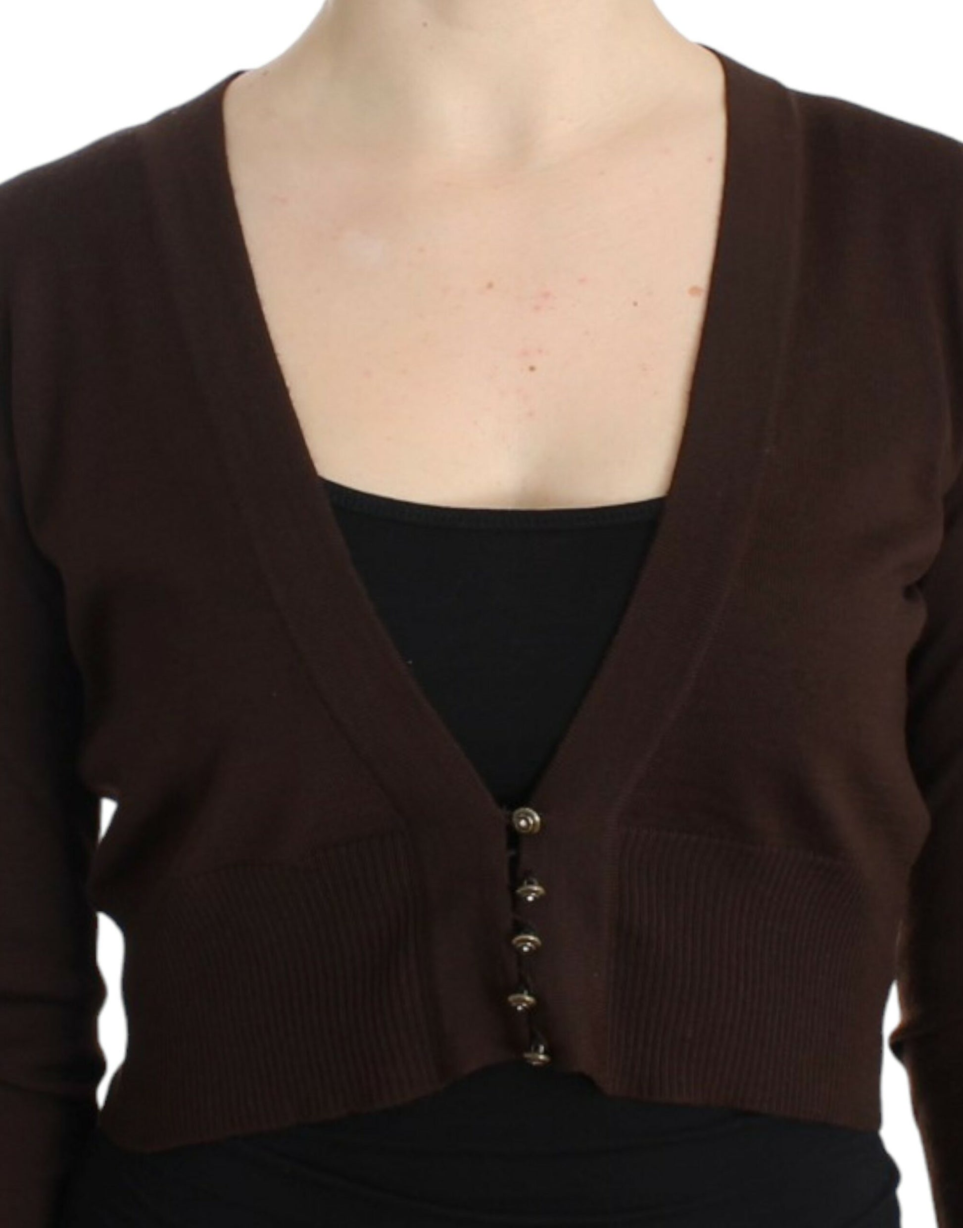 Elegant Brown Virgin Wool Cropped Cardigan - SEHABRANDS