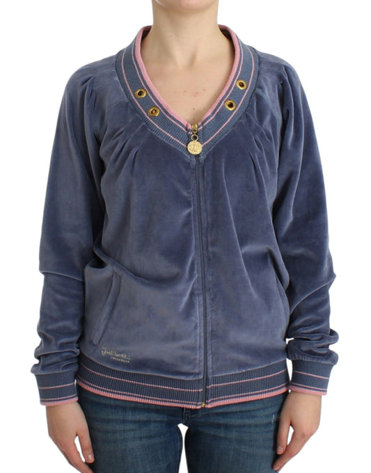 Elegant Blue Zip Cardigan with Gold Details - SEHABRANDS