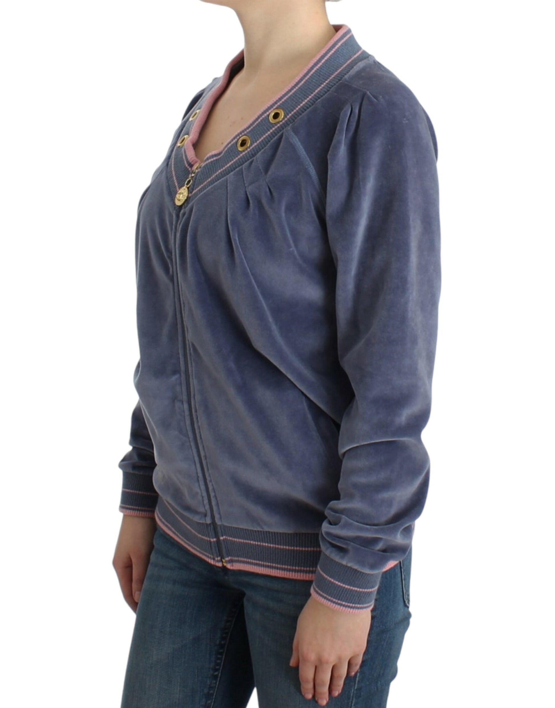 Elegant Blue Zip Cardigan with Gold Details - SEHABRANDS