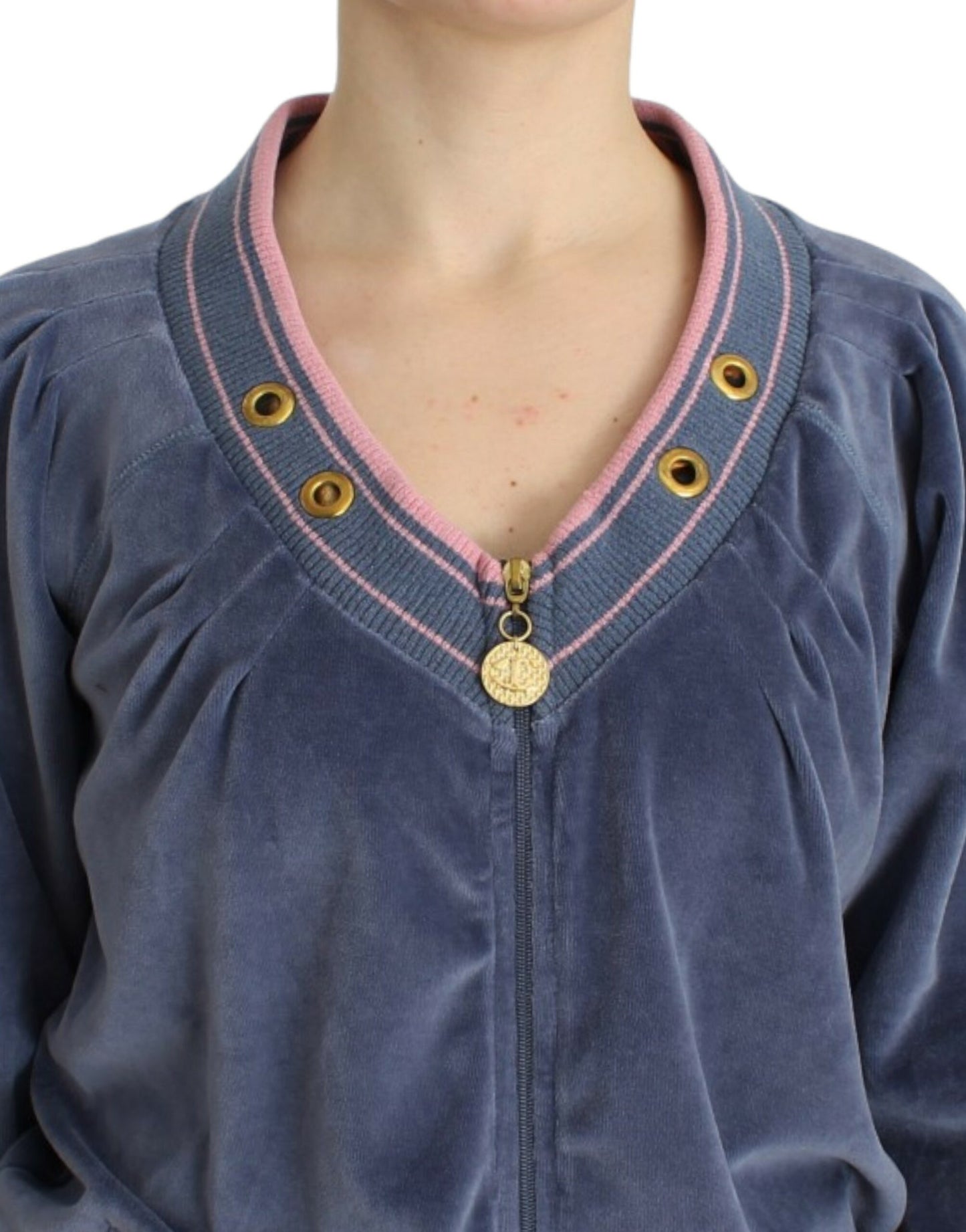 Elegant Blue Zip Cardigan with Gold Details - SEHABRANDS