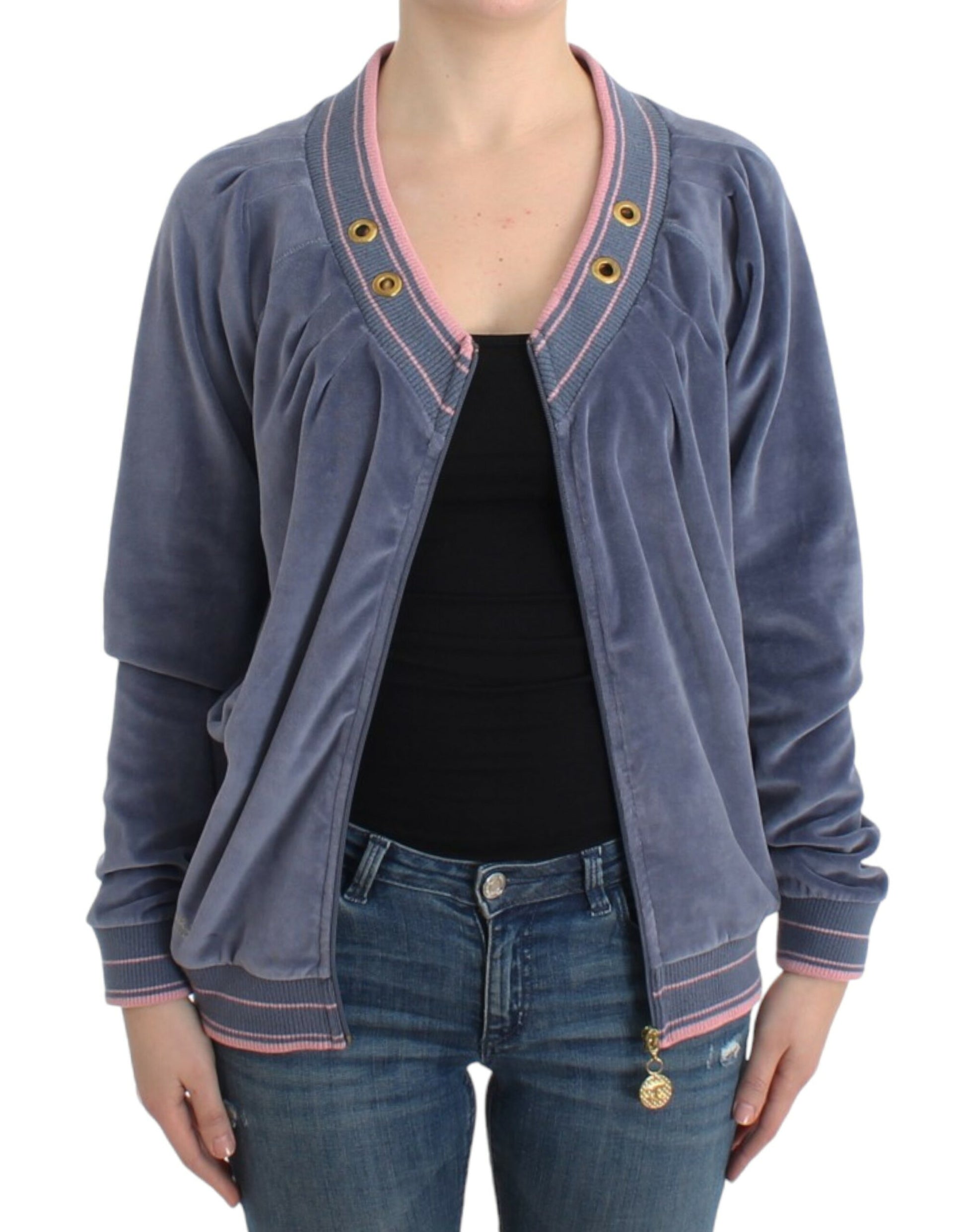 Elegant Blue Zip Cardigan with Gold Details - SEHABRANDS