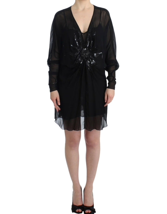 Elegant Sheer Black Silk Blouson Dress - SEHABRANDS