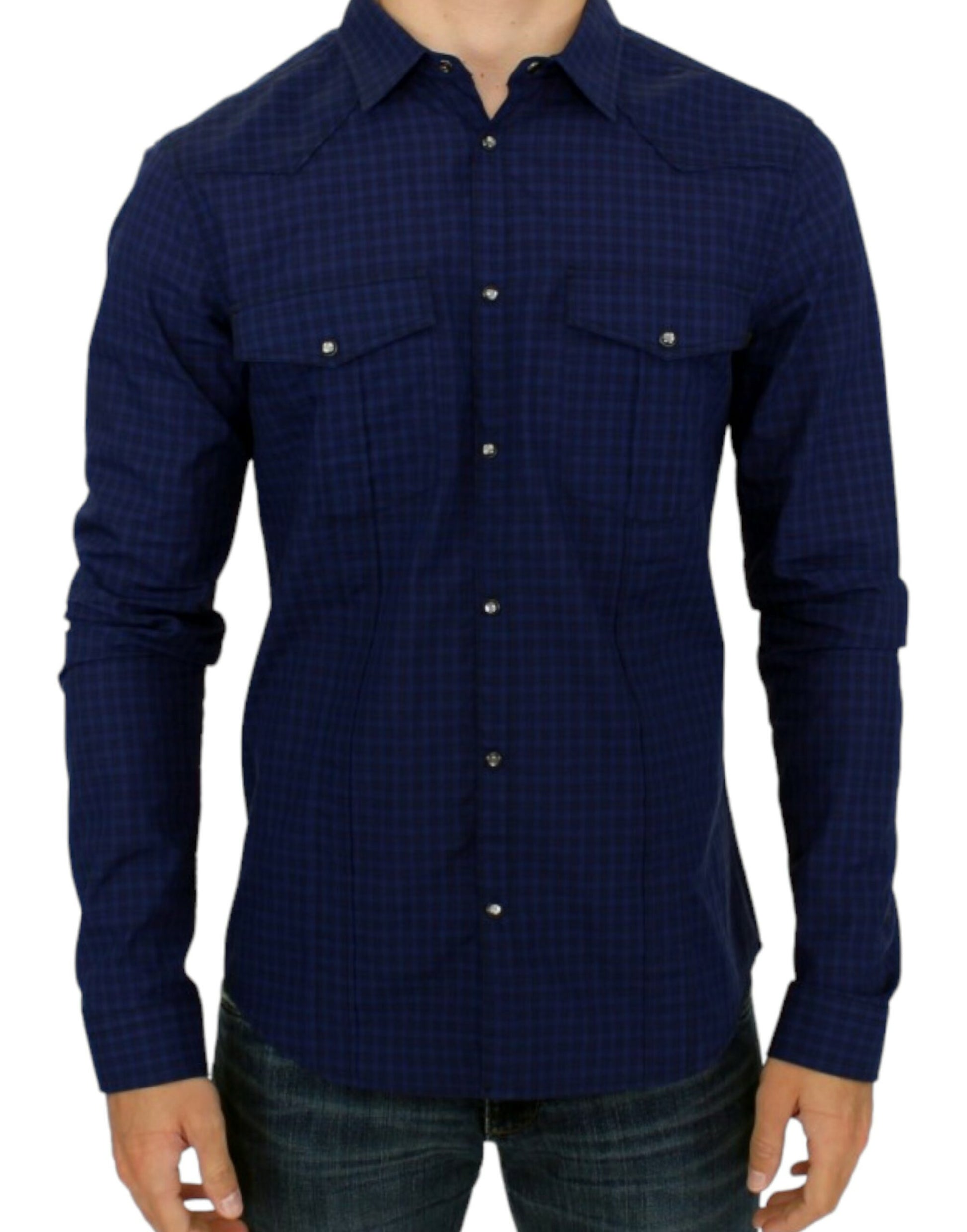 Chic Blue Checkered Casual Cotton Shirt - SEHABRANDS