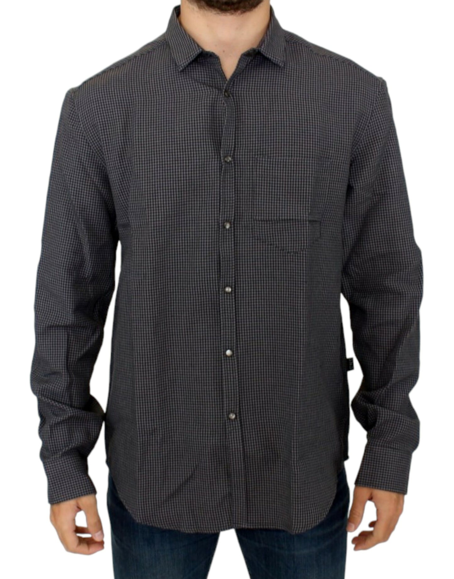 Chic Gray Checked Casual Linen Blend Shirt - SEHABRANDS