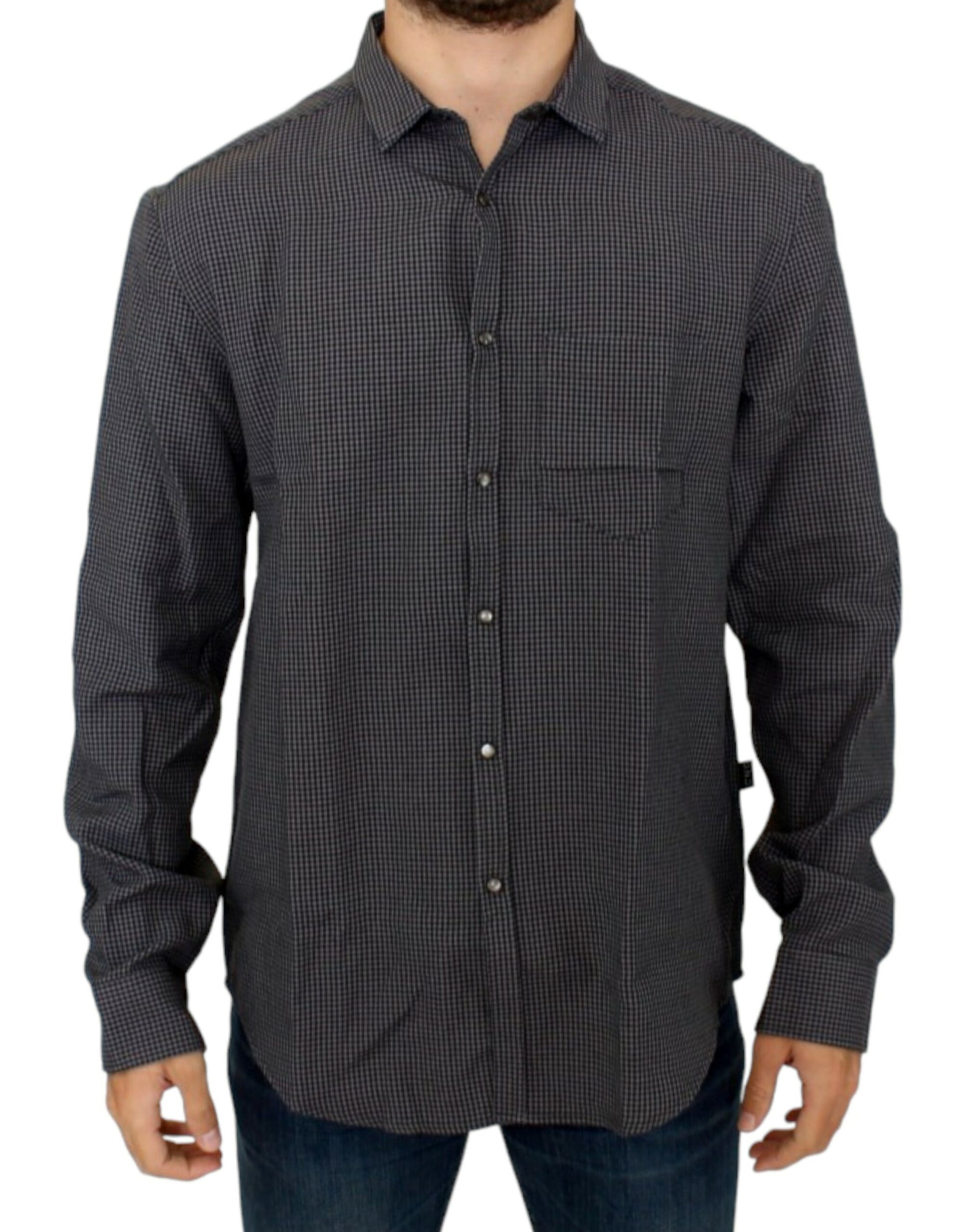 Chic Gray Checked Casual Linen Blend Shirt - SEHABRANDS