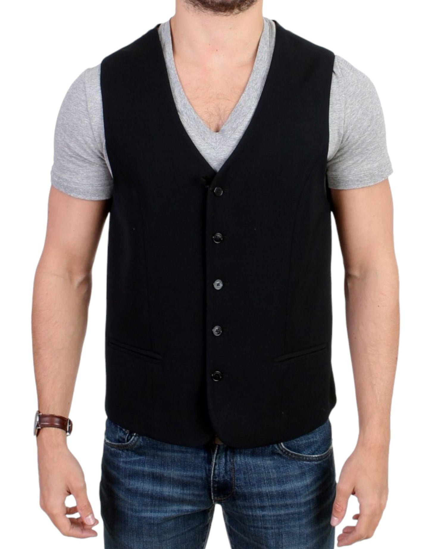 Elegant Black Wool Blend Casual Vest - SEHABRANDS