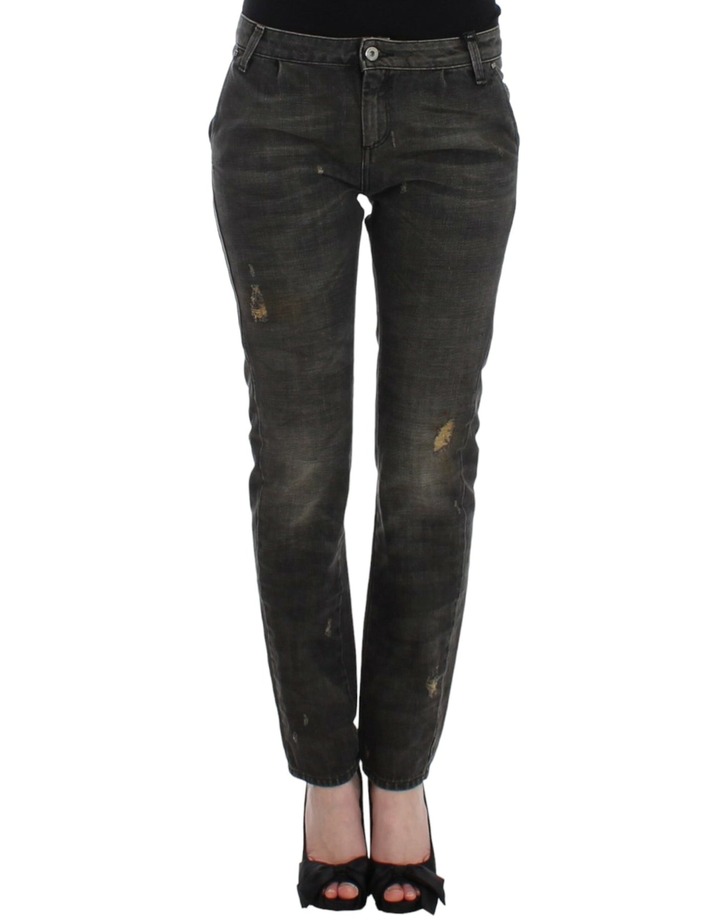 Sleek Gray Straight Leg Distressed Jeans - SEHABRANDS