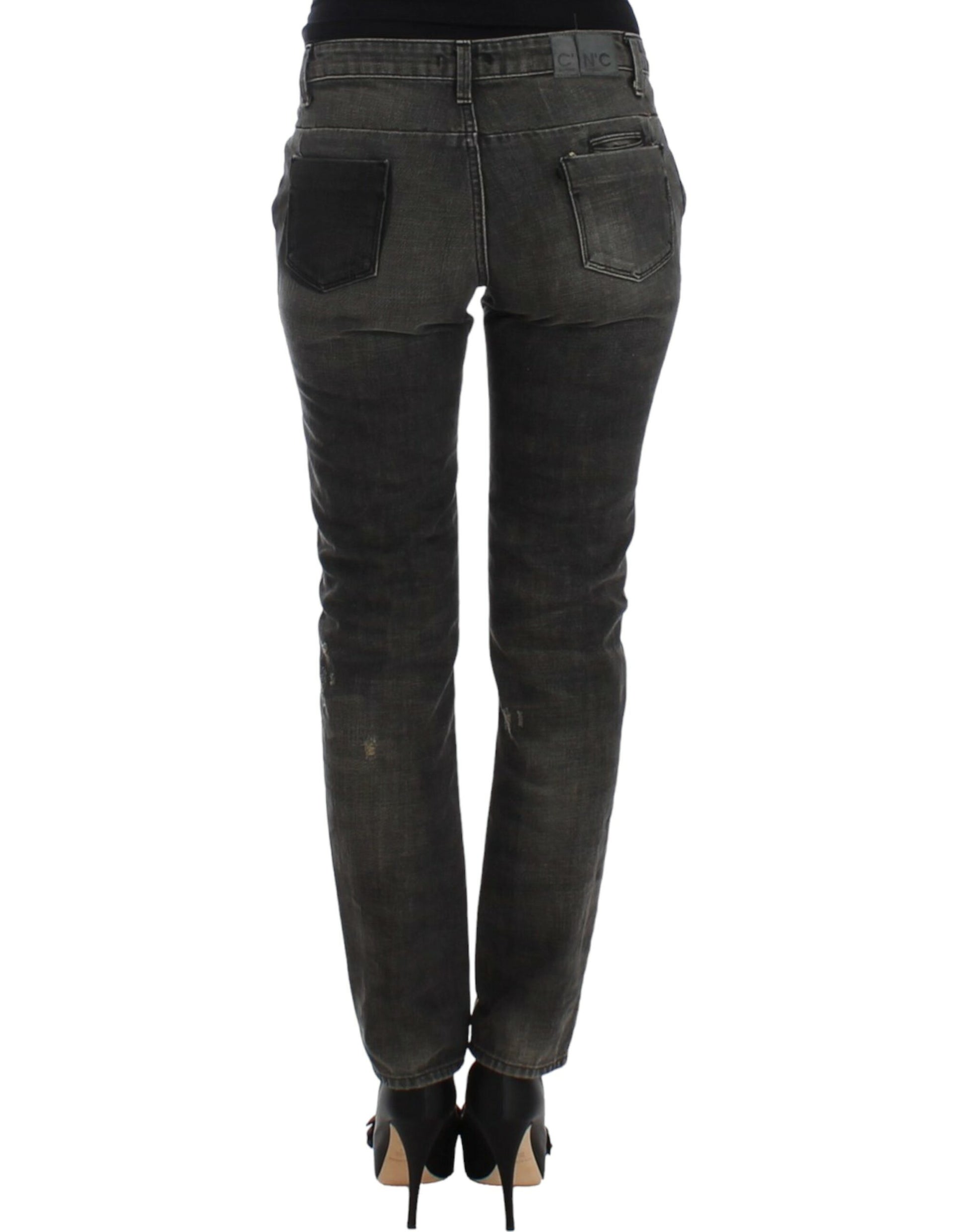 Sleek Gray Straight Leg Distressed Jeans - SEHABRANDS