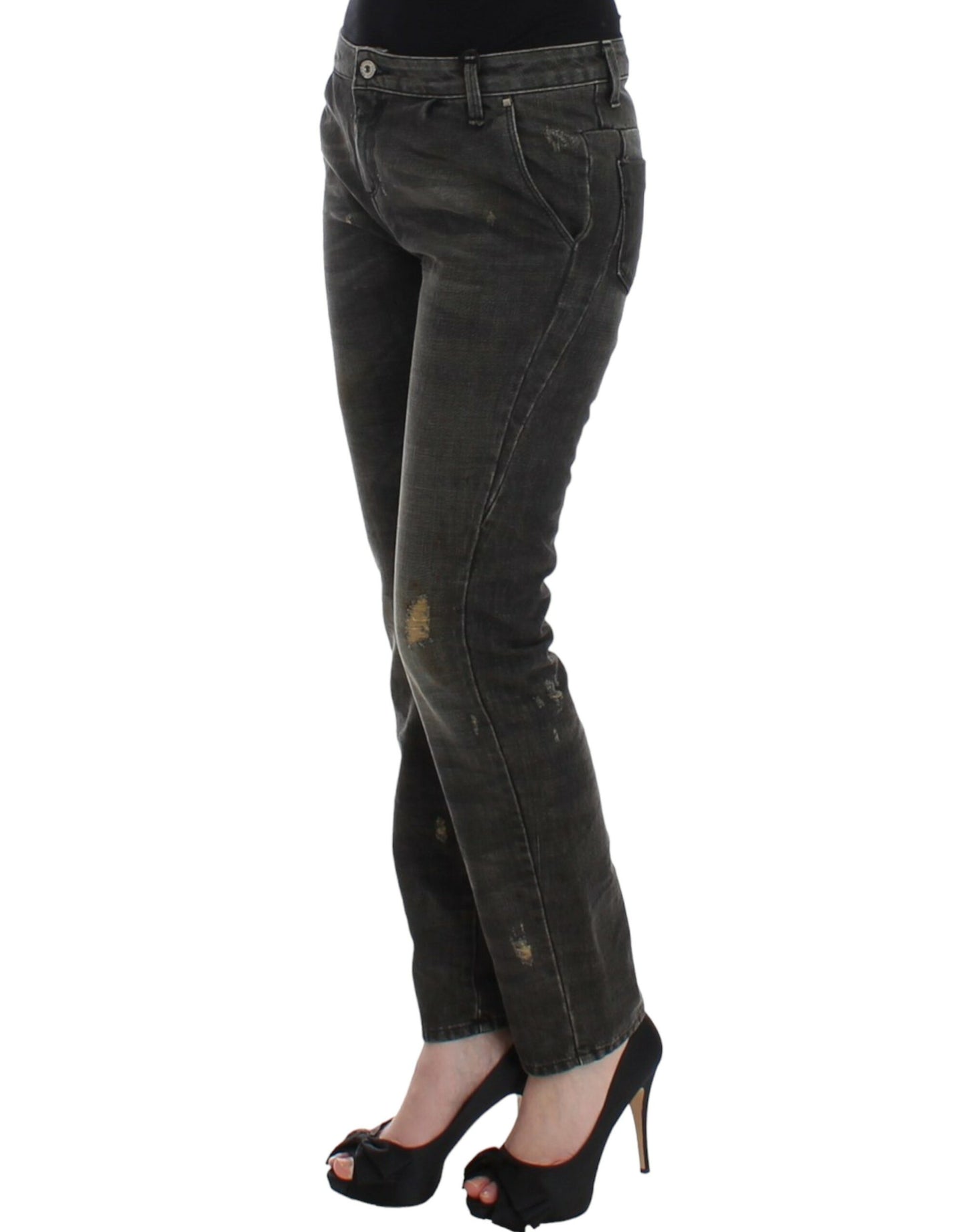 Sleek Gray Straight Leg Distressed Jeans - SEHABRANDS