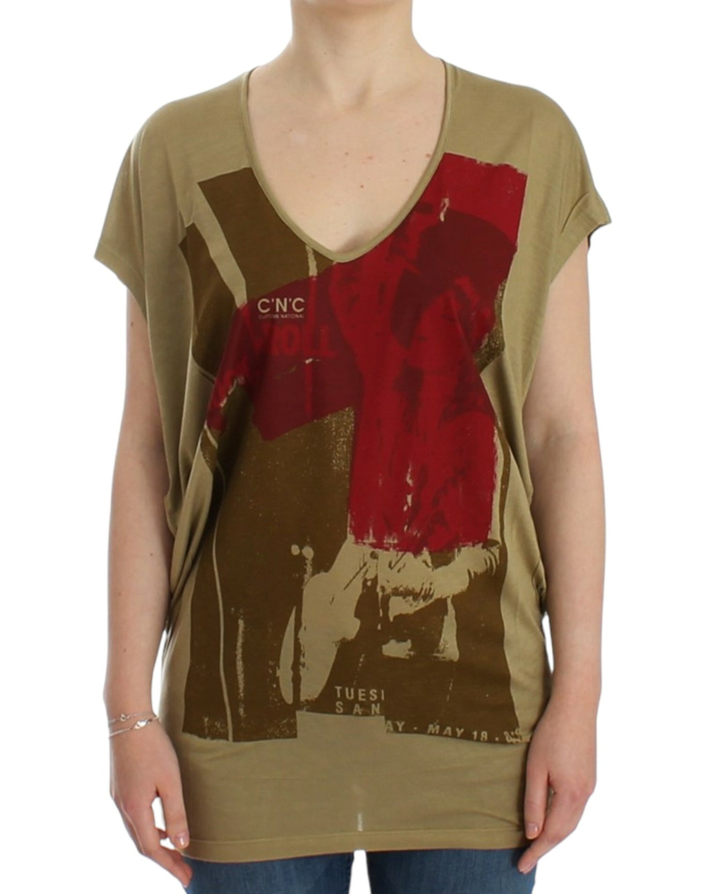 Chic Green Multicolor Print V-Neck Tee - SEHABRANDS