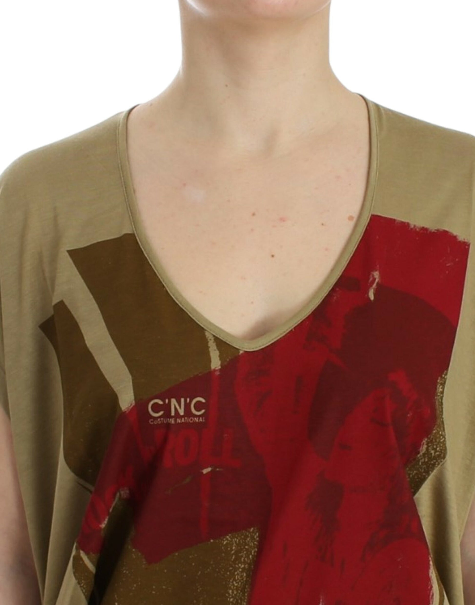 Chic Green Multicolor Print V-Neck Tee - SEHABRANDS