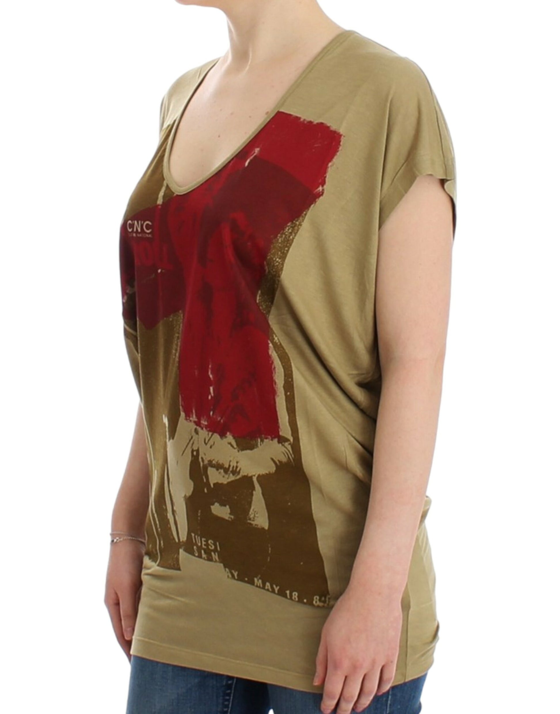 Chic Green Multicolor Print V-Neck Tee - SEHABRANDS