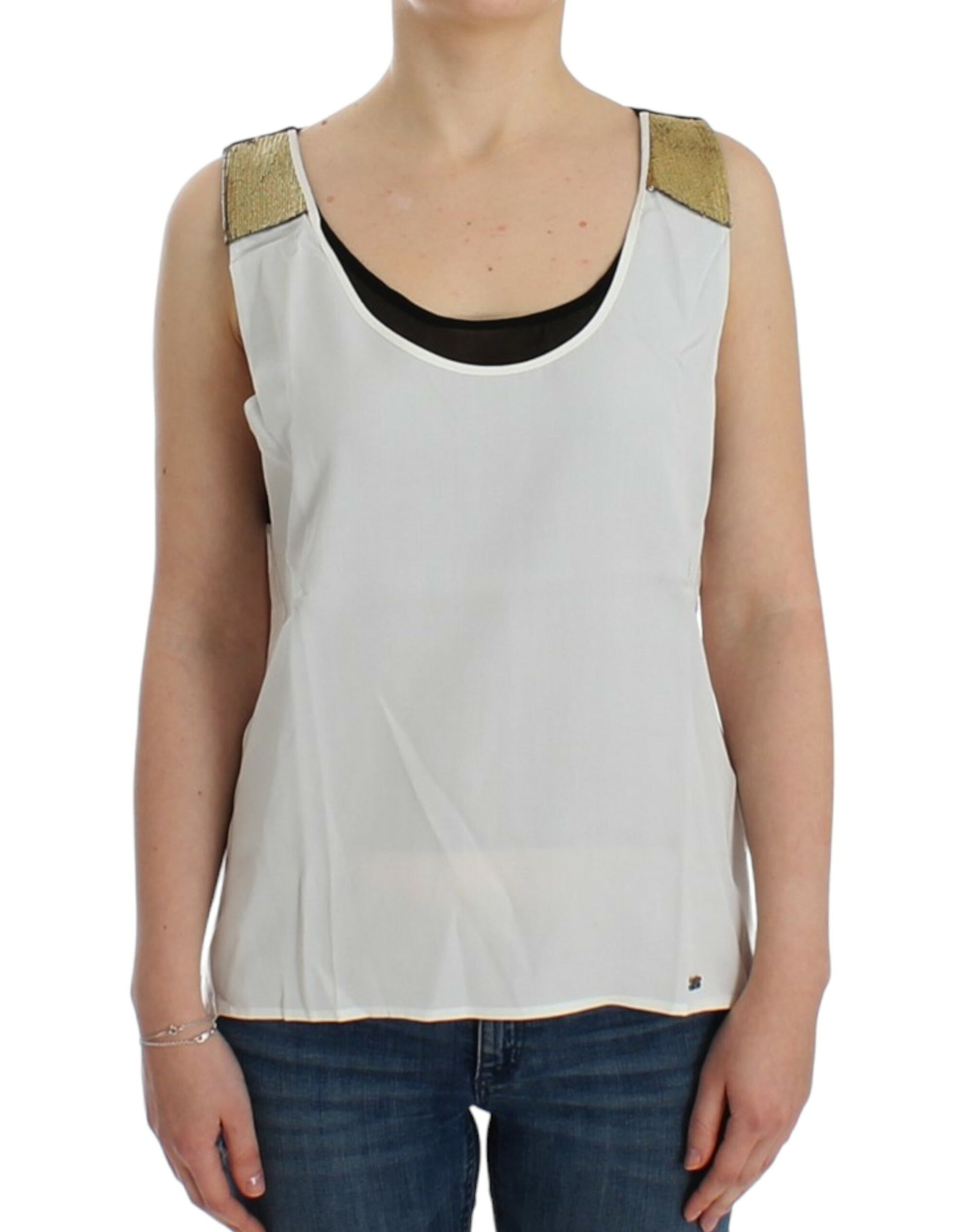 Elegant Monochrome Sleeveless Top with Gold Accents - SEHABRANDS