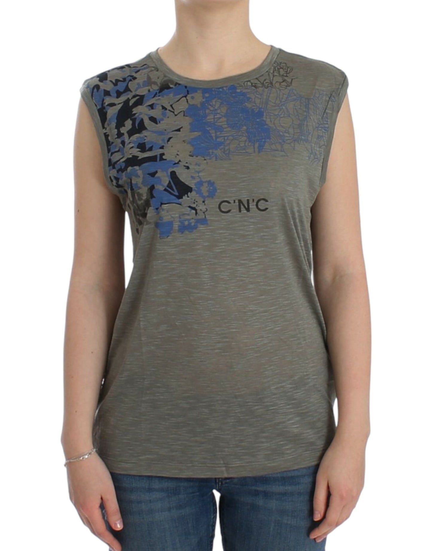 Chic Sleeveless Gray Top with Blue Detailing - SEHABRANDS