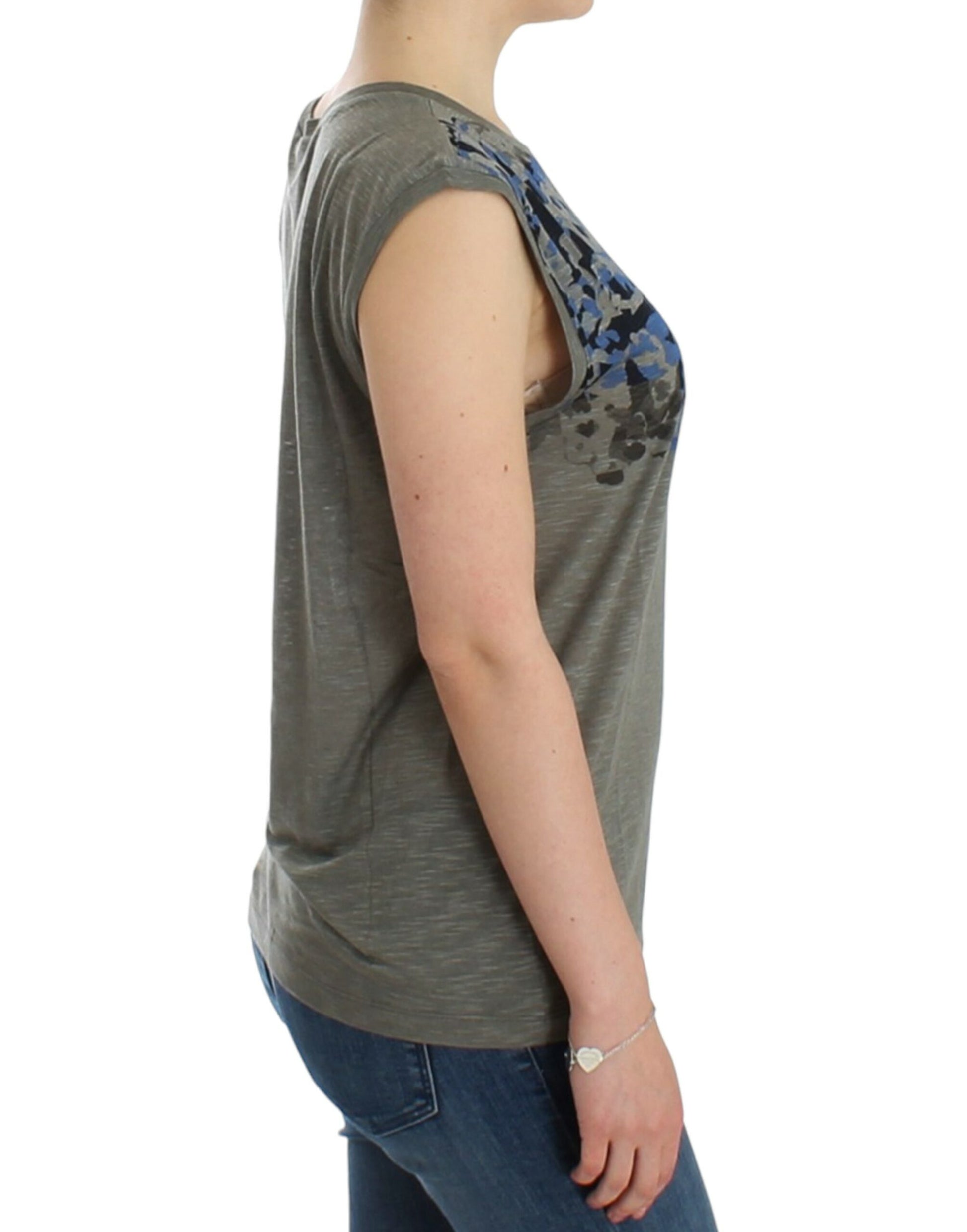 Chic Sleeveless Gray Top with Blue Detailing - SEHABRANDS