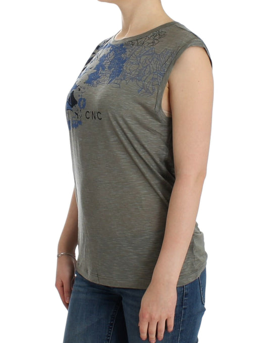 Chic Sleeveless Gray Top with Blue Detailing - SEHABRANDS