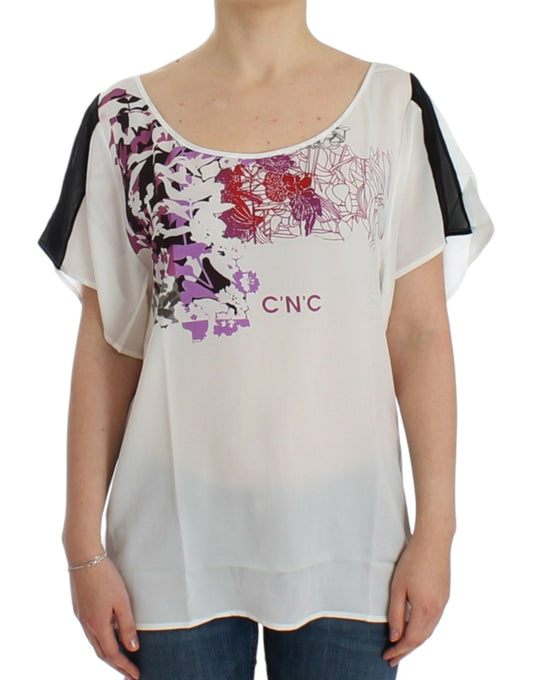 Chic White V-Neck Motive Print Tee - SEHABRANDS