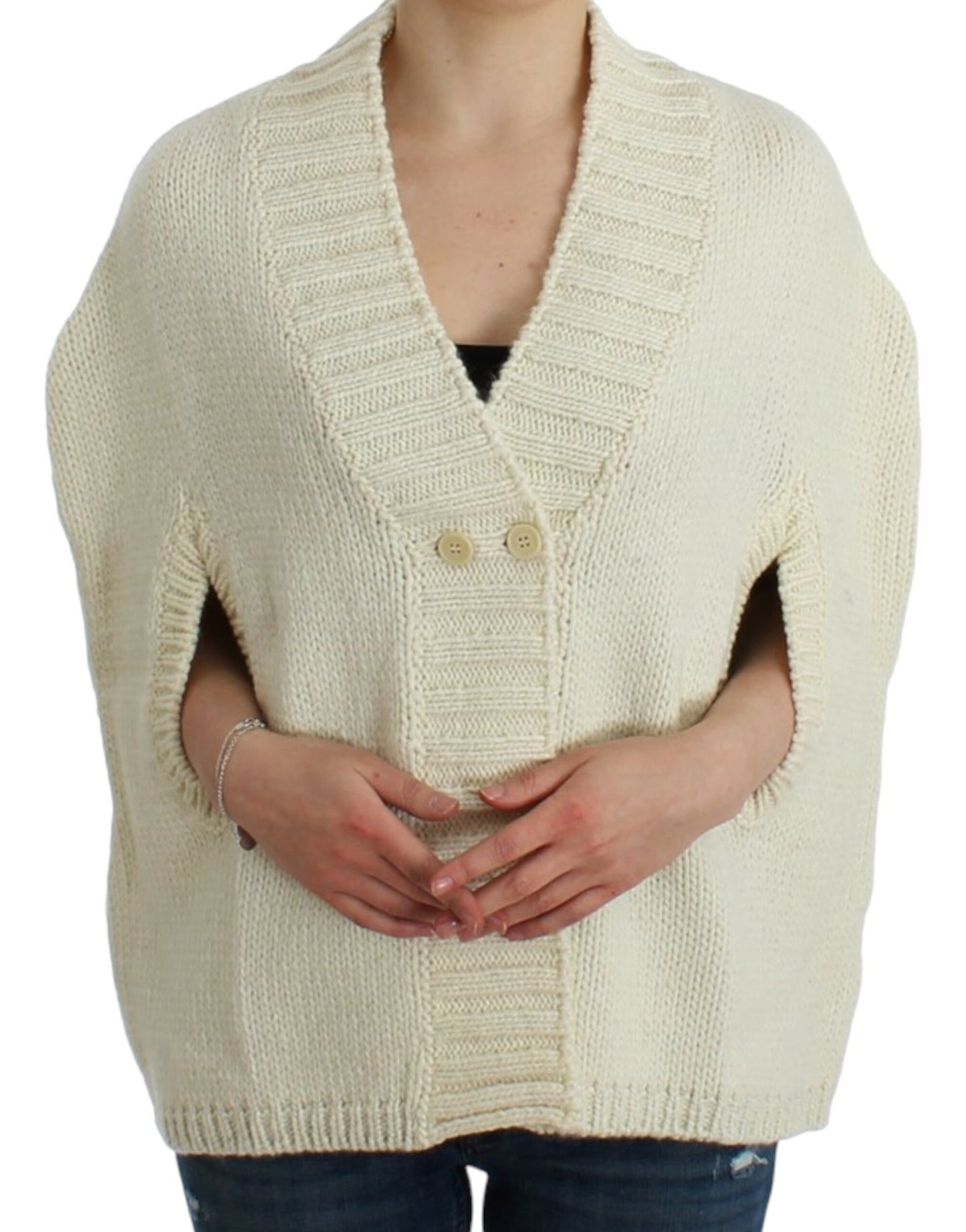 Elegant White Knitted Cape-Cardigan Hybrid - SEHABRANDS