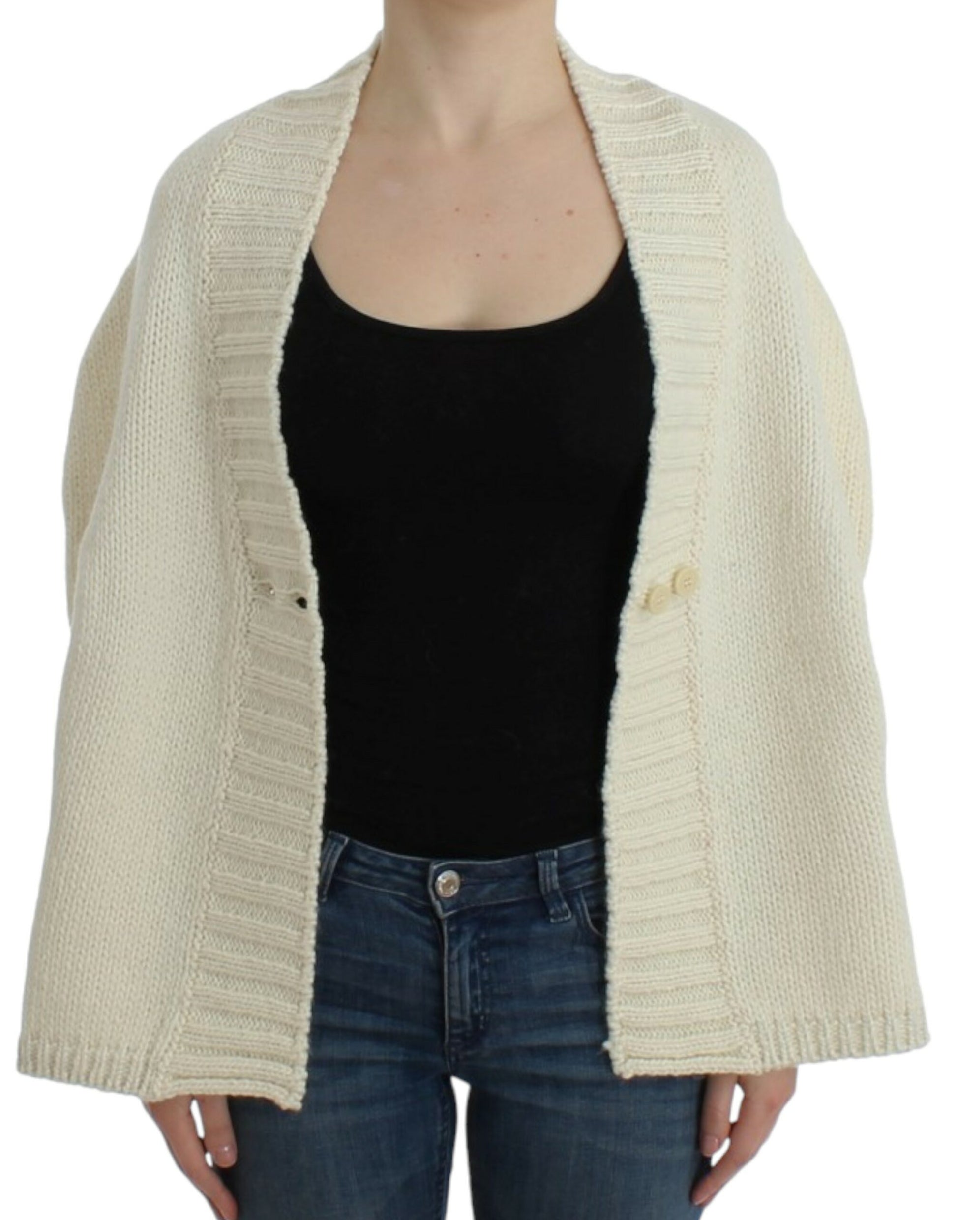 Elegant White Knitted Cape-Cardigan Hybrid - SEHABRANDS